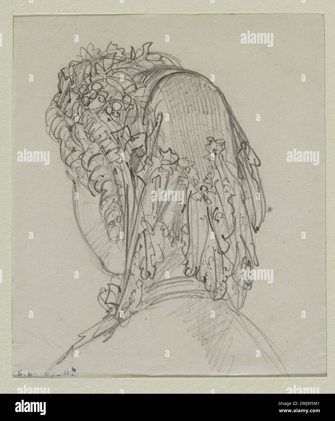 Anaïs Toudouze (1822-1899) 'Femme, de dos'. Petit chapeau doublé de dentelle et de fleurs. Mine de plomb, livre blanc. 1867. Galliera, musée de la mode de la ville de Paris. 37823-3 Bun, coiffure, dentelle, dessin, dos femme, mine de plomb, second empire, voile, chapeau Banque D'Images