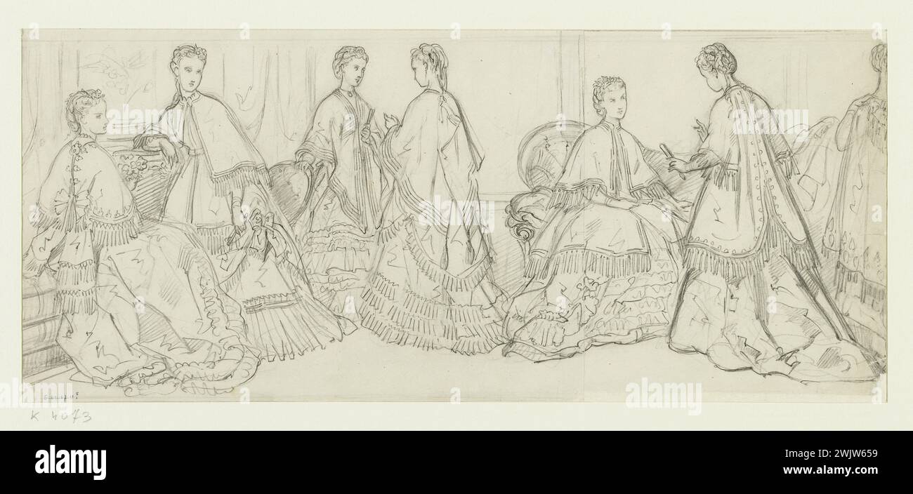 Anaïs Toudouze (1822-1899) "Groupe de femmes dans un intérieur". Burnous bordé de franges ; jupes à volants plissés. Mine de plomb, livre blanc. Galliera, musée de la mode de la ville de Paris. 37825-18 Burnou, dessin, frange, groupe de femmes, intérieur, jupe, mine de plomb, second empire, chasse moelleuse Banque D'Images