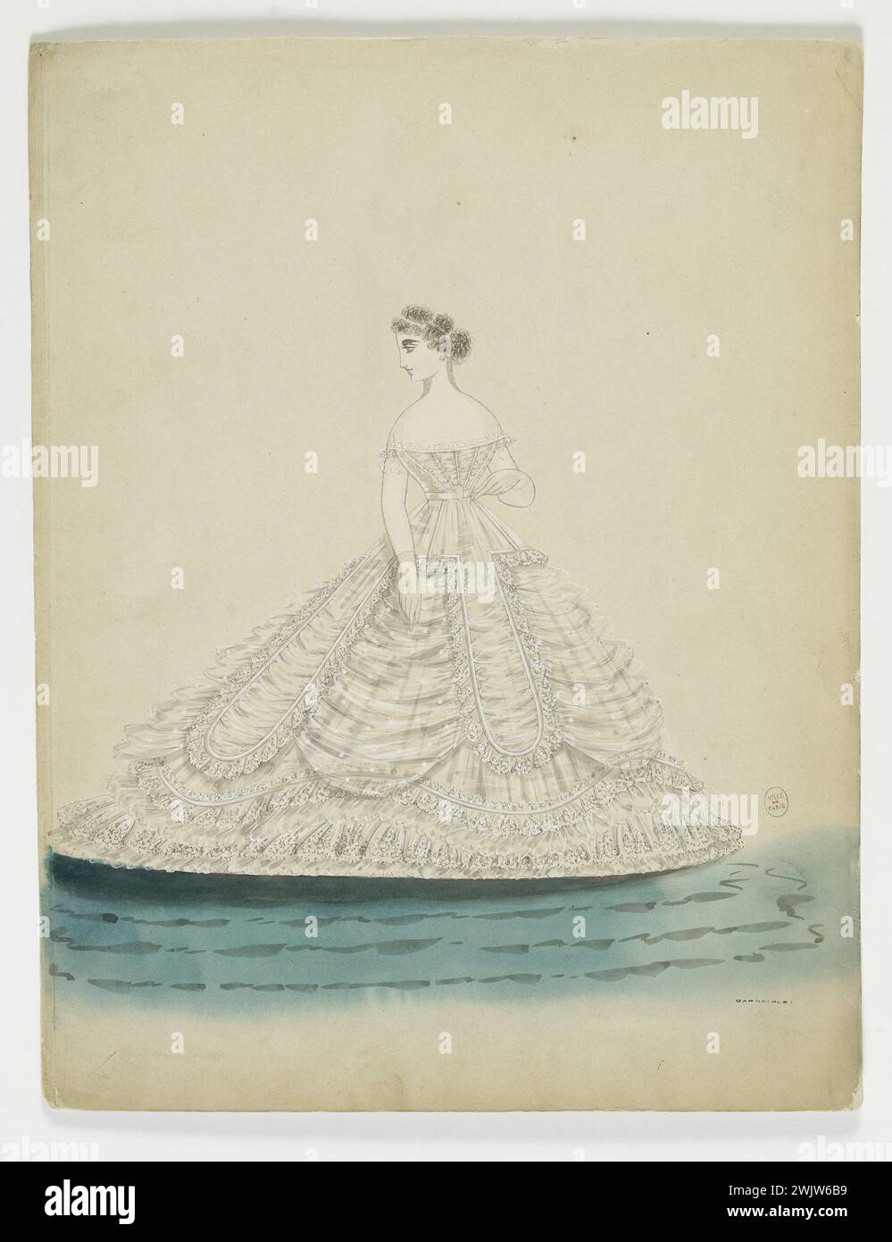 Charles Pilatte pour la maison Ghys. Modèle-figure pour couturière. Robe de soirée : broderie blanche, bullée, modèle Madame Ghys. Aquarelle sur carton. 1860-1870. Galliera, musée de la mode de la ville de Paris. 37836-4 aquarelle sur carton, bulle, broderie blanche, femme, jeune femme, house ghys, modèle-figure, modèle féminin, pour couturière, robe de soirée, second empire Banque D'Images