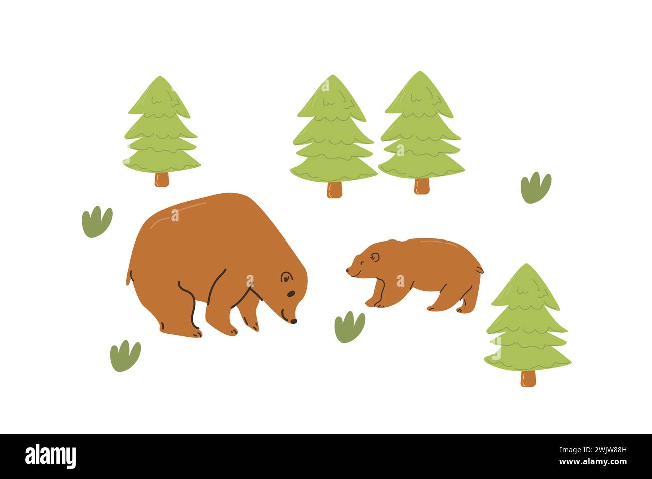 animaux des bois ours dans la forêt ensemble d'été. L'illustration vectorielle peut être utilisée pour le papier d'emballage, le papier peint, l'affiche de décoration. Ours animaux avec arbre de noël et herbe en été. Illustration de Vecteur