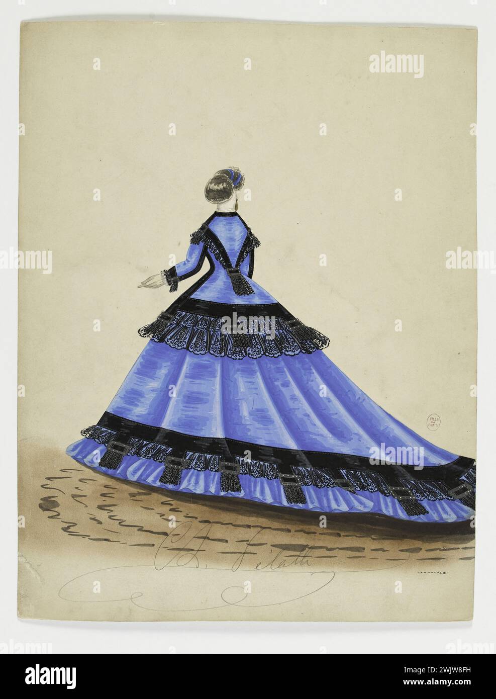 Charles Pilatte pour la maison Ghys. Modèle-figure pour couturière. Robe de ville bleue, garnie de forgeron et dentelle noire, modèle MADAME Ghys. Aquarelle sur carton. 1860-1870. Galliera, musée de la mode de la ville de Paris. 37836-6 Aquarelle sur carton, bas, bleu, dentelle noire, femelle, jeune femme, ghys maison, modèle-figure, modèle féminin, ornae, passementery, pour couturiere, robe de ville, deuxième empire, veste, vue arrière Banque D'Images