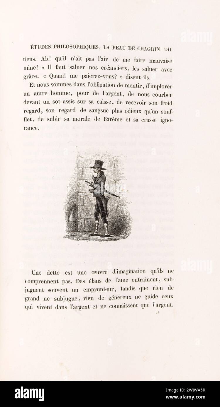 Anonyme. 'La peau de chagrin', roman d'Honoré de Balzac (1799-1850), édition illustrée. 'Portrait d'un créancier'. Gravure sur acier. Edition H. Delloye et Victor Lecou, 1838. Paris, Maison de Balzac. Gravure sur acier, illustration, la peau de chagrin, travail illustre, roman, travail de litière Banque D'Images