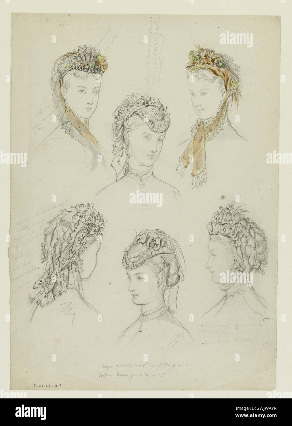 Anaïs Toudouze (1822-1899) « Six chapeaux pour femmes ». Mine de plomb, livre blanc. Vers 1872. Galliera, musée de la mode de la ville de Paris. 37825-8 tête, coiffure, dessin, fleur, mine de plomb, noeud, portrait, second empire, tête de femme, chapeau Banque D'Images