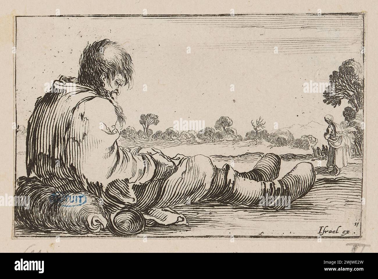 Della Bella, Stefano (dit Étienne de la belle) (n.1610-05-18-D.1664-08-22), un pauvre vieil homme assis par terre, son corps tourné vers la droite. Onzième numéro d'une série de 13 pièces (A. de Vesme 114. Dutuit 85) (titre principal). Gravure. Petit Palais, Musée des Beaux-Arts de la ville de Paris. Banque D'Images