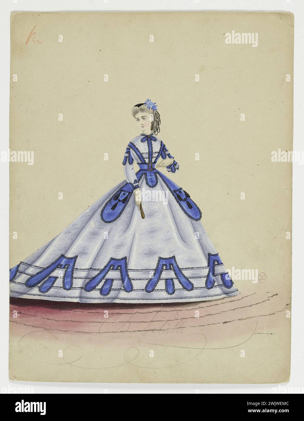 Charles Pilatte pour la maison Ghys. Modèle-figure pour couturière. Robe de ville, ceinture à boucle rectangulaire dorée, fleuriste, dentelle noire bordant un décor bleu, modèle de Madame Ghys. Aquarelle sur carton. 1860-1870. Galliera, musée de la mode de la ville de Paris. 37835-13 Aquarelle sur carton, ceinture boucle, décor bleu, dentelle noire, or, féminin, jeune femme, house ghys, modèle féminin, modèle féminin, pied de lit, pour couturière, rectangulaire, robe de ville, second empire Banque D'Images