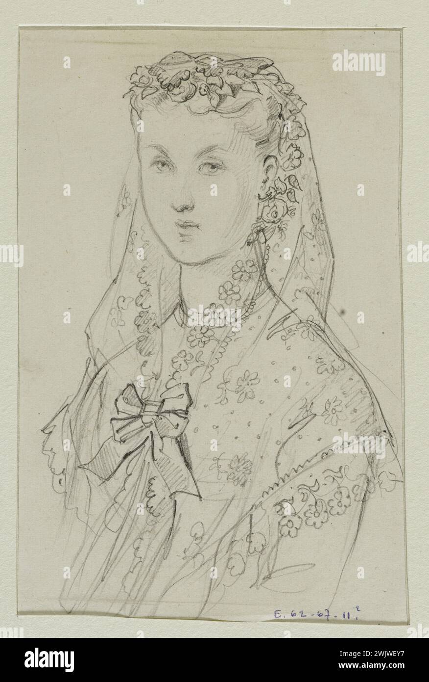 Anaïs Toudouze (1822-1899) Portrait d'une femme mantilla. Mantille décorée de motifs floraux, noeud à l'avant. Mine de plomb, livre blanc. Vers 1867. Galliera, musée de la mode de la ville de Paris. 37824-4 coiffure, dessin, femme, fleur, mantile, mine de plomb, nœud, portrait, second empire, voile Banque D'Images