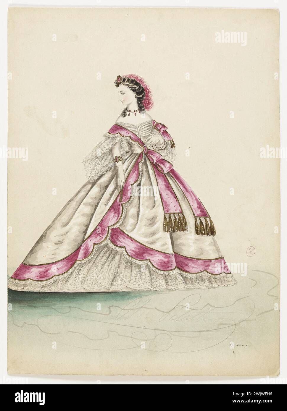 Charles Pilatte pour la maison Ghys. Modèle-figure pour couturière. Robe de soirée blanche avec manches pagodiques, bordure et ceinture roses, volant brodé blanc, modèle Madame Ghys. Aquarelle sur carton. 1860-1870. Galliera, musée de la mode de la ville de Paris. 37831-1 aquarelle sur carton, blanc, bordure, ceinture rose, femelle, jeune femme, ghys maison, manche pagodique, modèle féminin, modèle féminin, pour couturière, robe de soirée, second empire, broderie blanche au volant Banque D'Images