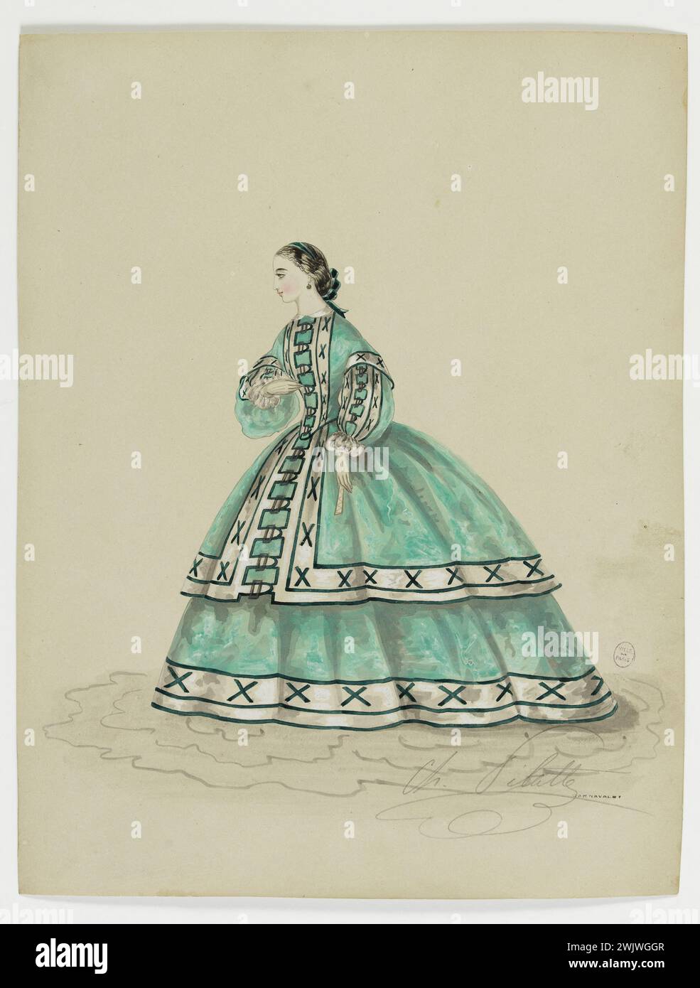 Charles Pilatte pour la maison Ghys. Modèle-figure pour couturière. Robe de ville verte décorée d'une tresse blanche avec décoration croisée et motifs géométriques, manches ballon, modèle MRS Ghys. Aquarelle sur carton. 1860. Galliera, musée de la mode de la ville de Paris. 37797-17 aquarelle sur carton, album, Couturière, Croix de décor, tresse blanche, jeune femme, ghys maison, poignée de ballon, modèle-figure, motif géométrique, ornae, robe de ville, second empire, vert Banque D'Images