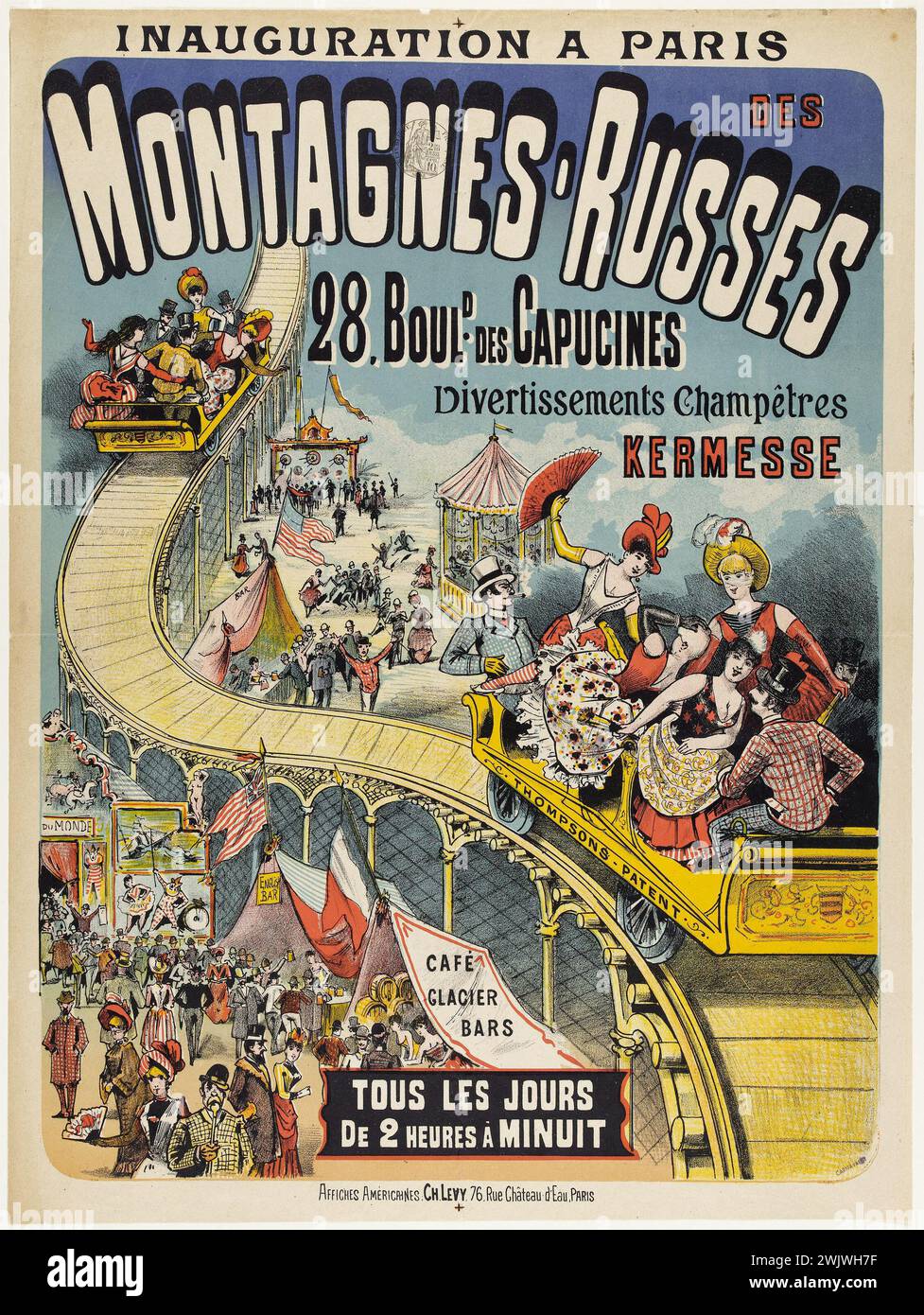 Anonyme. 'Inauguration à Paris des montagnes russes, 28 boulevard des Capucines, animation champêtre, foire, café, glacier, bars, tous les jours, de 2 heures à minuit'. Lithographie en couleurs. 1880-1900. Paris, musée Carnavalet. 74198-2 28 boulevard des Capucines, affiche, bar, café, animation champetre, glacier, inauguration, foire, lithographie couleur, manège, montagnes russes, parc d'attractions Banque D'Images