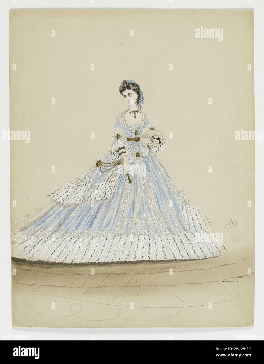 Charles Pilatte pour la maison Ghys. Modèle-figure pour couturière. Robe de soirée avec standard blanc et or, ceinture dorée avec boucle ovale, ornement d'épingle dorée, modèle de Madame Ghys. Aquarelle sur carton. 1860-1870. Galliera, musée de la mode de la ville de Paris. 37835-4 Aquarelle sur carton, boucle ovale, broche marron, ceinture dorée, femelle, jeune femme, ghys maison, modèle féminin, modèle féminin, ornement, swill blanc et or, pour couturière, robe de soirée, second empire Banque D'Images