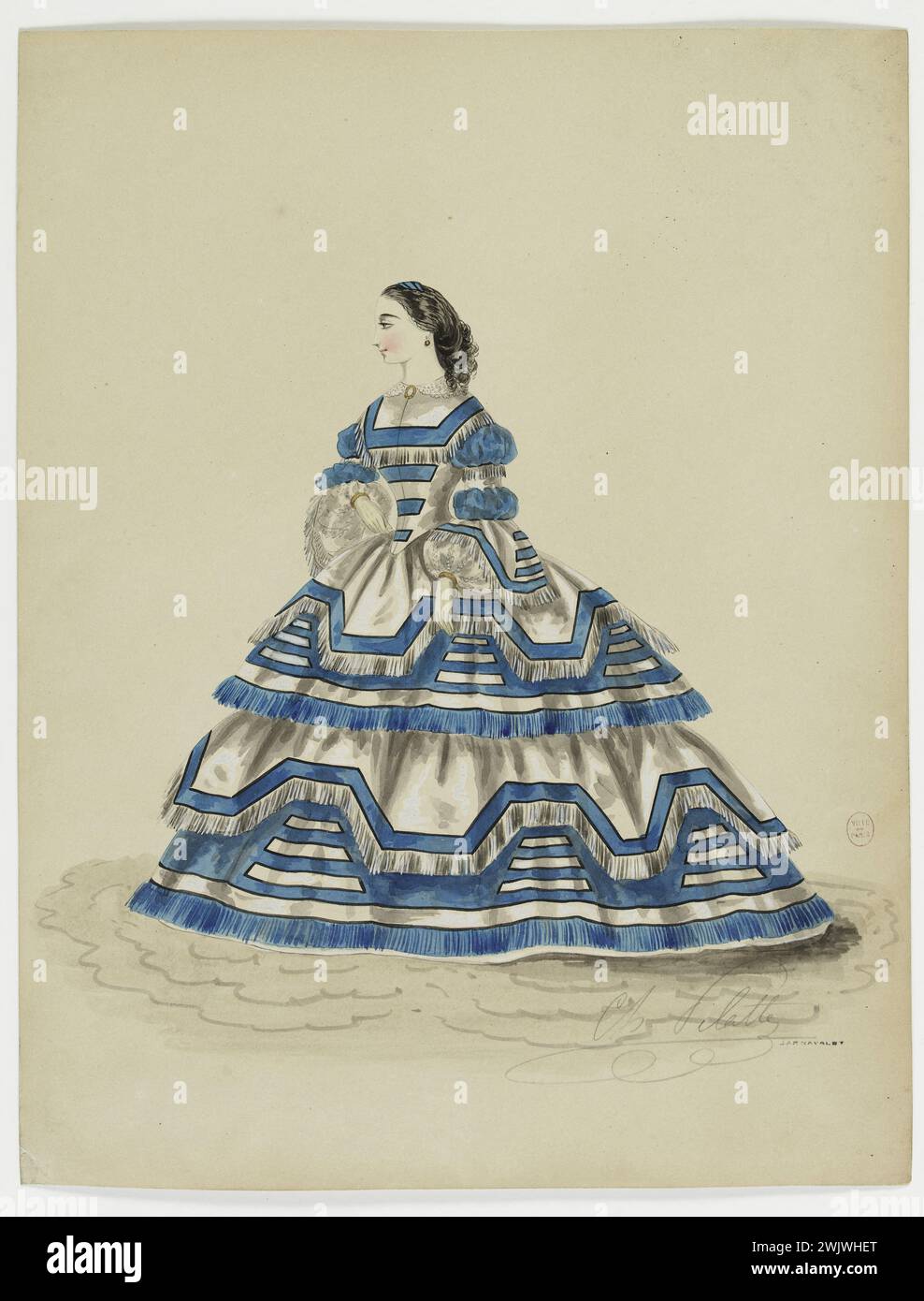 Charles Pilatte pour la maison Ghys. Modèle-figure pour couturière. Robe de ville blanche, à la décoration géométrique bleue et volant superposé avec des franges, modèle MRS Ghys. Aquarelle sur carton. 1860. Galliera, musée de la mode de la ville de Paris. 37797-10 aquarelle sur carton, album, Couturière, jeune femme, Ghys House, Modeling, second Empire, Robe Banque D'Images