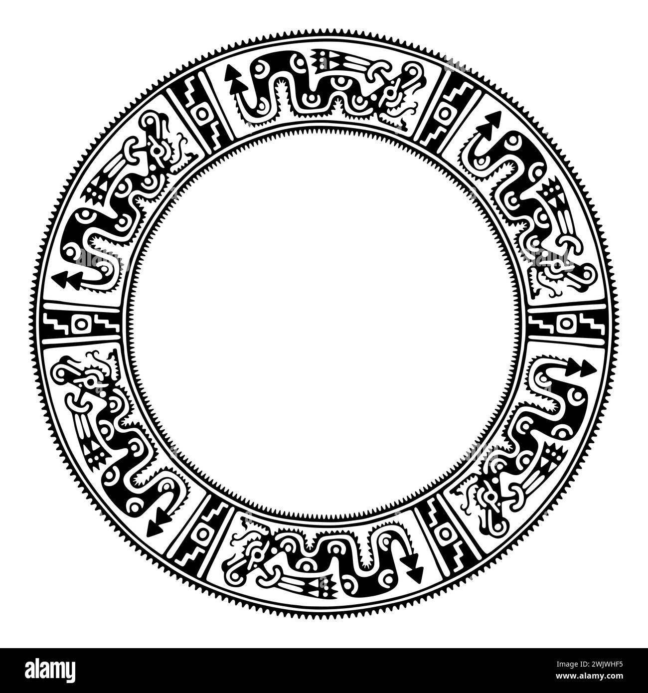 Cadre circulaire avec motif serpent aztèque. Bordure réalisée avec un motif similaire à un tampon en argile cylindrique de l'ancien Mexique, trouvé à Veracruz. Banque D'Images Cadre circulaire avec motif serpent aztèque. Bordure réalisée avec un motif similaire à un tampon en argile cylindrique de l'ancien Mexique, trouvé à Veracruz. Banque D'Images