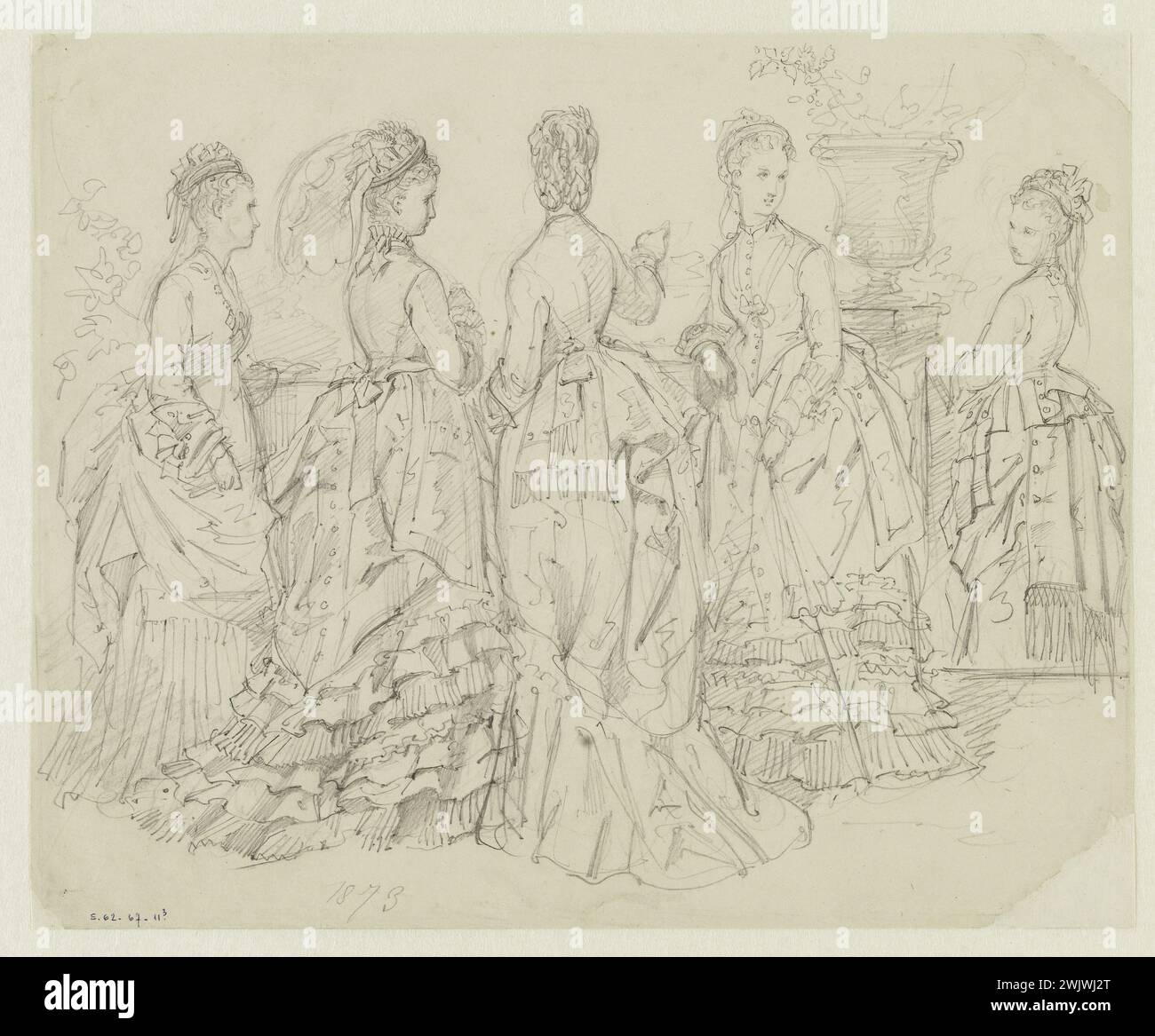 Anaïs Toudouze (1822-1899) 'Groupe de femmes dans un jardin'. Robes de plis, flyers, franges et rubans. Mine de plomb, livre blanc. 1873. Galliera, musée de la mode de la ville de Paris. 37825-2 dessin, femme, frange, groupe, jardin, mine de plomb, robe pliée, ruban, deuxième empire, volant Banque D'Images