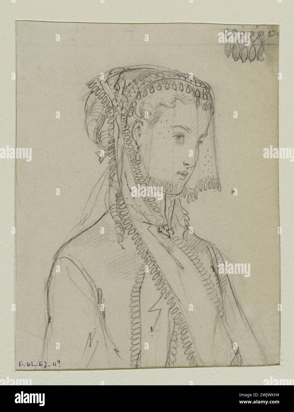 Anaïs Toudouze (1822-1899) 'Femme avec un chapeau de voile'. Chapeau surmonté d'un damné croisé sur la poitrine, garni de pampilles et d'un voile moucheté. Mine de plomb, livre blanc. 1867. Galliera, musée de la mode de la ville de Paris. 37823-4 Bun, dessin, putain, jeune femme, mine de plomb, portrait, second empire, voile, flip-flop, chapeau, chapeau Banque D'Images