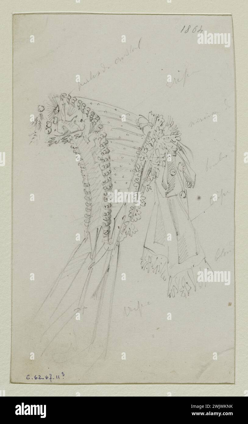 Anaïs Toudouze (1822-1899) 'Chapeau'. Chapeau Crêpe décoré de perles de cristal, volant de blonde. Mine de plomb, livre blanc. 1864. Galliera, musée de la mode de la ville de Paris. 37823-13 accessoire, crêpe, dessin, mine de plomb, perle de cristal, second empire, volant, chapeau Banque D'Images