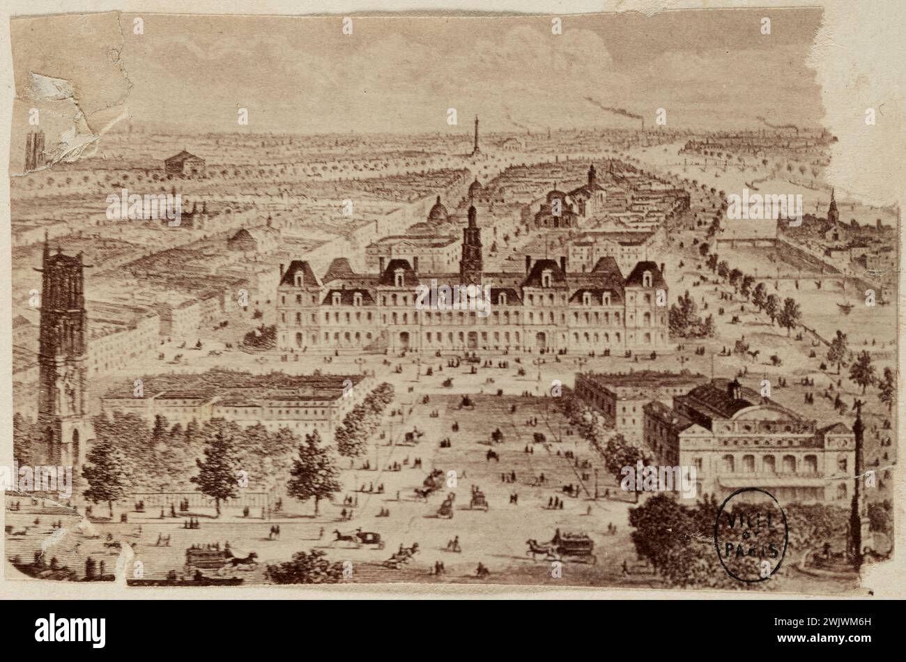 Anonyme, la mairie et la tour Saint-Jacques, 4ème arrondissement, Paris. (Titre factice). Tirage de papier albumine. Musée Carnavalet, histoire de Paris. Banque D'Images