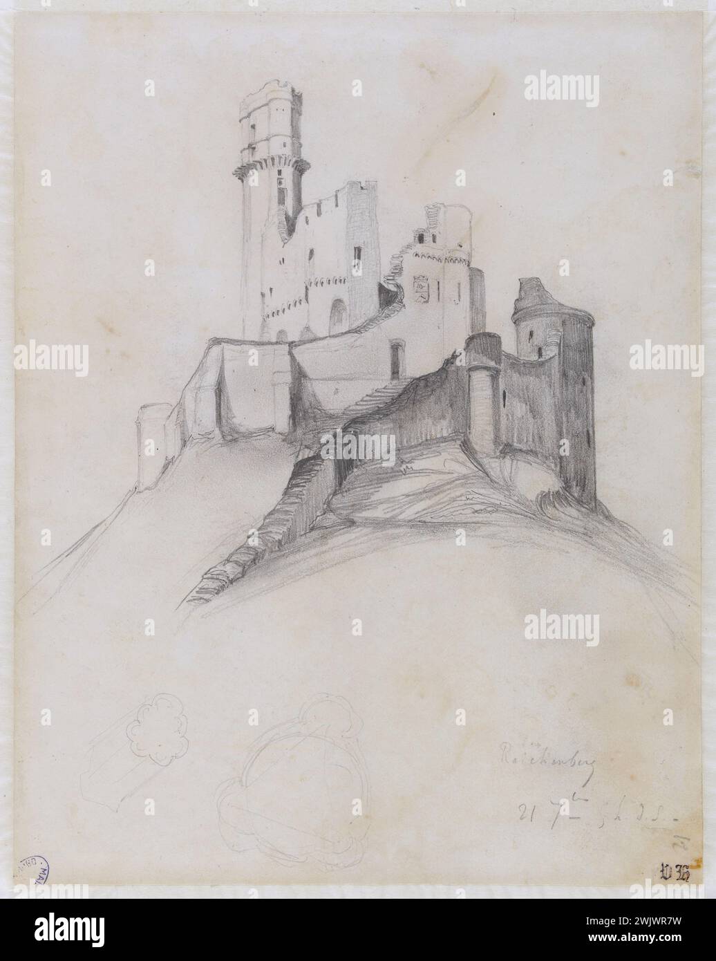 Victor Hugo (1802-1885) "Reichenberg". Crayon graphite sur une feuille de papier vélin d'un album. 21 septembre 1840. Paris, maison de Victor Hugo. Architecture Medievale, album, chateau-peigning, dessin au crayon graphite, haut-parleur, velin paper, reichenberg, tour, contre-thème, 19e 19e 19e 19e 19e 19e 19 Banque D'Images