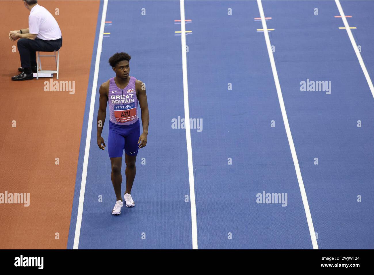 Jeremiah Azu dans les manches de 60 m lors des Championnats d'athlétisme en salle du Royaume-Uni à l'Utilitaria Arena. Birmingham le samedi 17 février 2024. (Photo : Pat Scaasi mi News) crédit : MI News & Sport /Alamy Live News Banque D'Images