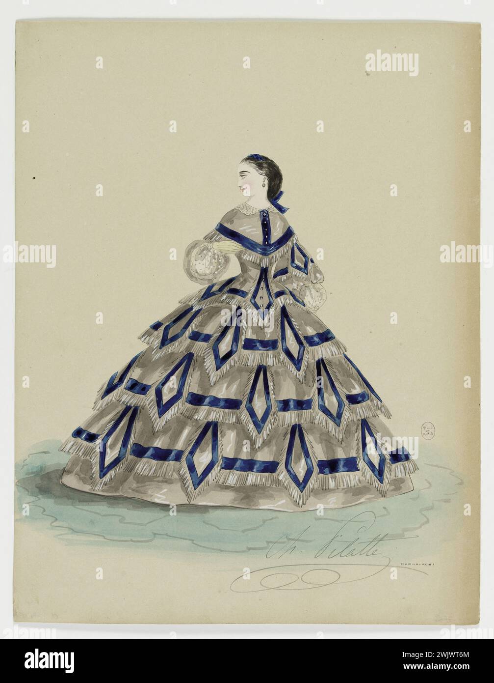 Charles Pilatte pour la maison Ghys. Modèle-figure pour couturière. Robe de ville blanche, à la décoration géométrique bleue et volant superposé avec des franges, modèle MRS Ghys. Aquarelle sur carton. 1860. Galliera, musée de la mode de la ville de Paris. 37797-9 aquarelle sur carton, album, Couturière, jeune femme, Ghys House, Modeling, second Empire, Robe Banque D'Images