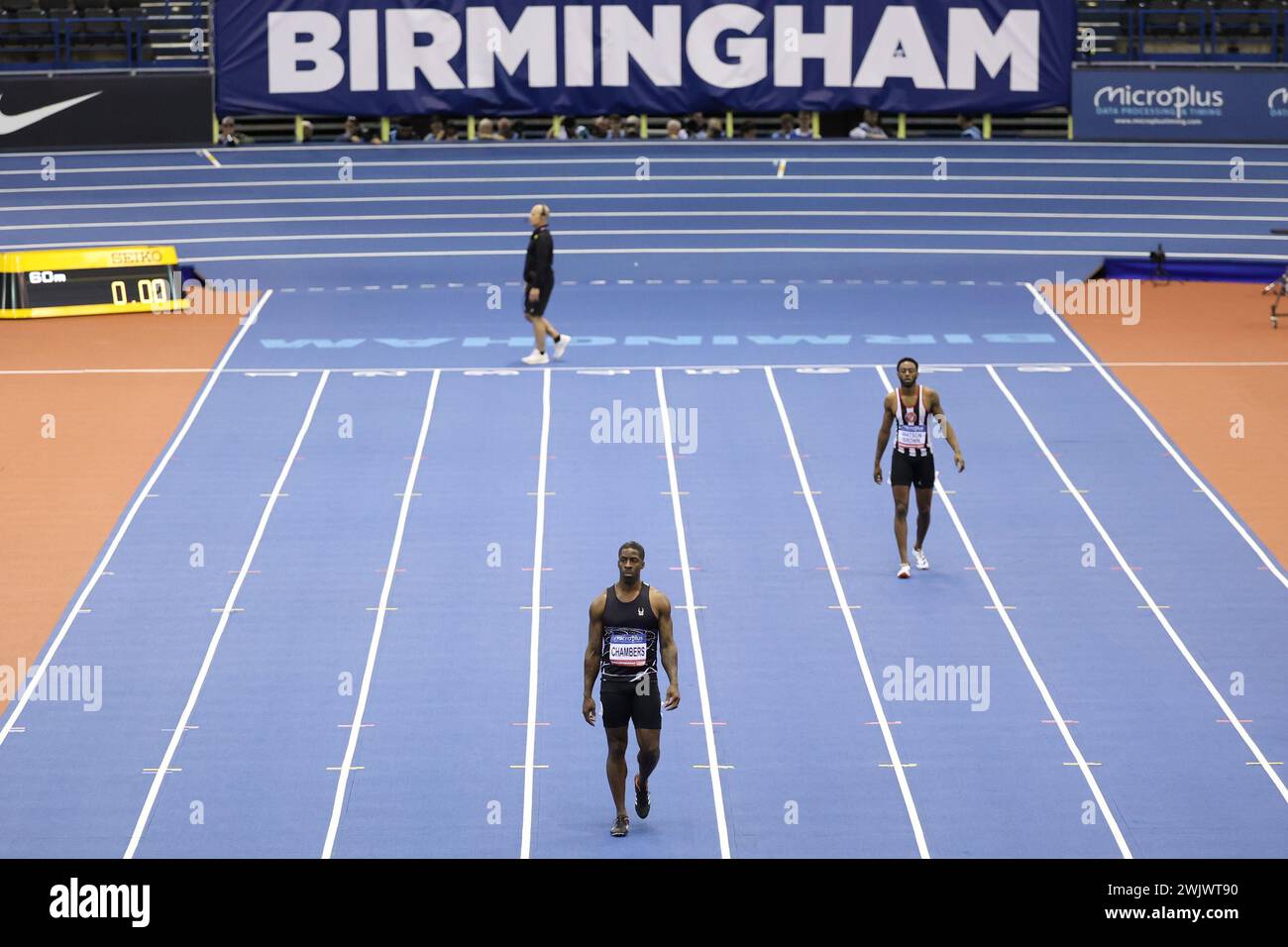 Dawain Chambers dans les manches de 60 m lors des Chamionships d'athlétisme en salle du Royaume-Uni à l'Utilitaria Arena. Birmingham le samedi 17 février 2024. (Photo : Pat Scaasi mi News) crédit : MI News & Sport /Alamy Live News Banque D'Images