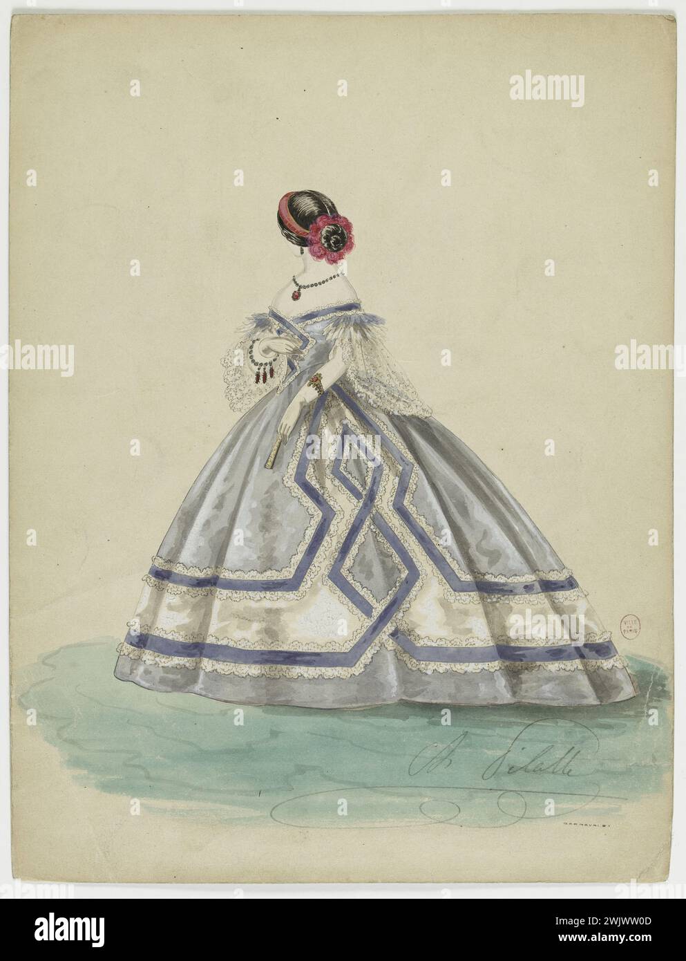 Charles Pilatte pour la maison Ghys. Modèle-figure pour couturière. Robe blanche et bleue à décoration géométrique bleu plus foncé, modèle MRS Ghys. Aquarelle sur carton. 1860. Galliera, musée de la mode de la ville de Paris. 37792-9 aquarelle sur carton, album, blanc, bleu, couturière, décor géométrique, jeune femme, ghys maison, modèle-figial, robe de soirée, second empire Banque D'Images