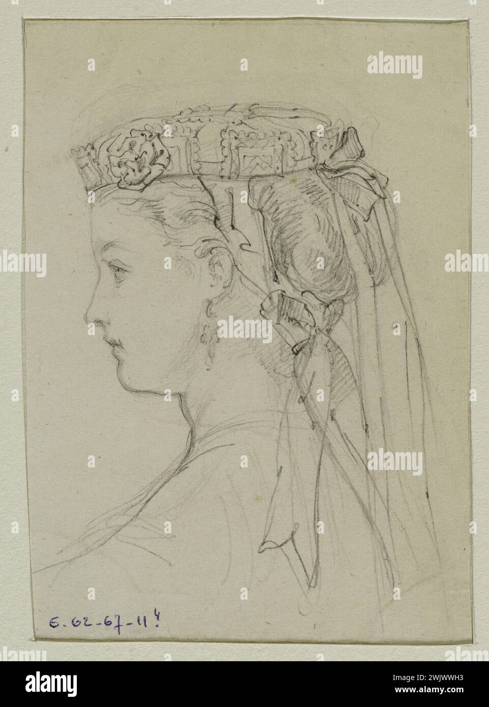 Anaïs Toudouze (1822-1899) 'Jeune femme avec chapeau'. Dessin pour gravure publié dans 'The Illustrated Fashion', 1er septembre 1867. Chapeau de jouet long hongrois, dont le bord est garni de jambes levées. Mine de plomb, livre blanc. 1867. Galliera, musée de la mode de la ville de Paris. 37822-20 Bun, coiffure, dessin, jeune femme, mine de plomb, mode illustré, profil, second empire, tuque longue hongroise, chapeau Banque D'Images