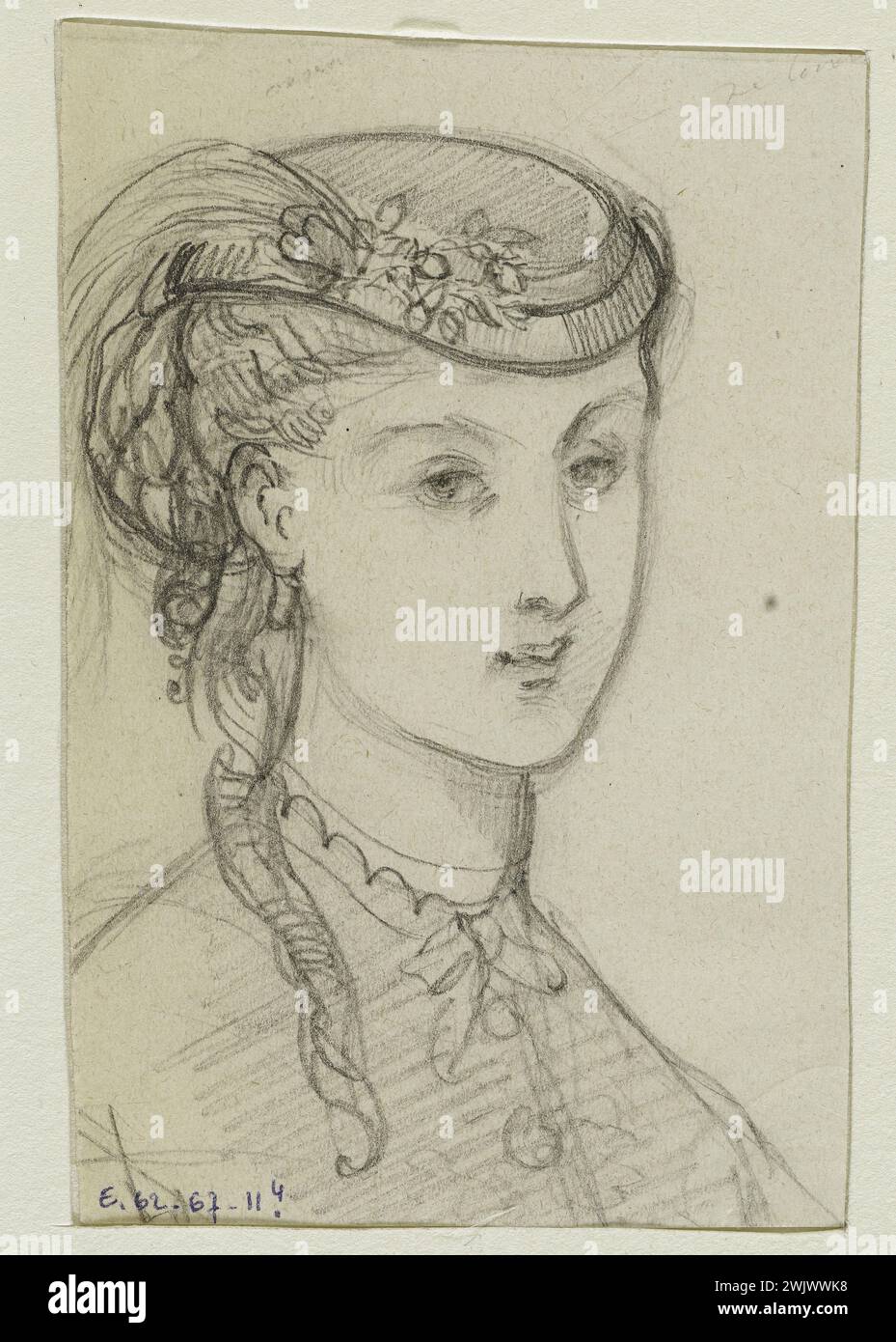 Anaïs Toudouze (1822-1899) 'Femme portant un petit chapeau'. Dessin pour gravure publié dans 'The Illustrated Fashion', 29 décembre 1867, n° 52. Légende de la gravure : 'chapeaux off de Mme Aubert, rue Laffite, n°9. Toque en velours noir avec oiseau de paradis et égrette'. Mine de plomb, livre blanc. 1867. Galliera, musée de la mode de la ville de Paris. 37824-8 Aigrette, coiffure, dessin, femme, mine de plomb, Mme Aubert, mode illustré, oiseau de paradis, portrait, second empire, toque, velours, chapeau Banque D'Images