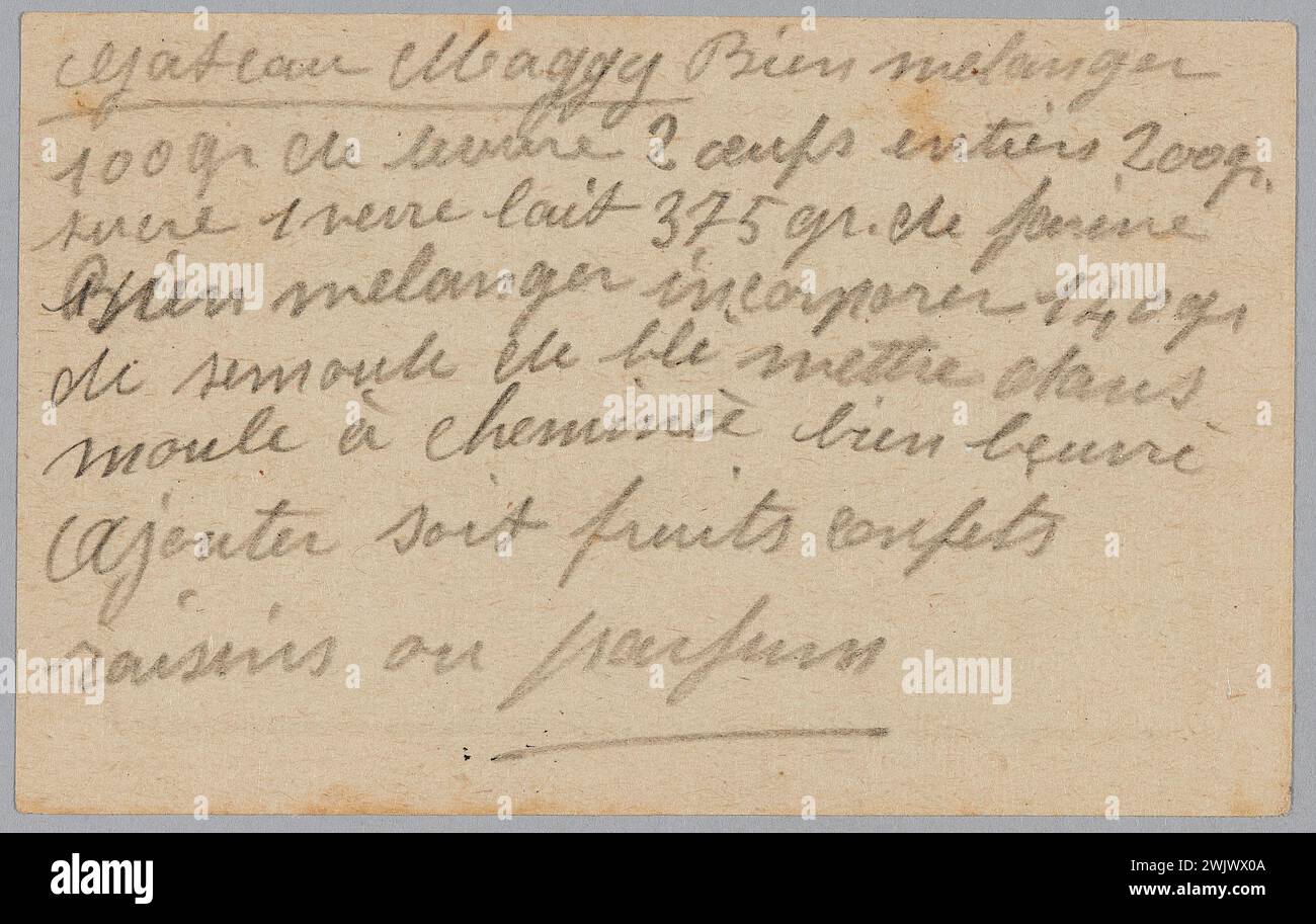 Hugo Schneider AG (n. - d.), étiquette de fonds contenant quatre panzerfaust 60, recette pour cuisiner au revers (nom usuel), 1944. papier imprimé, encre. Musée de la libération de Paris - Musée général Leclerc - Musée Jean Moulin. Banque D'Images