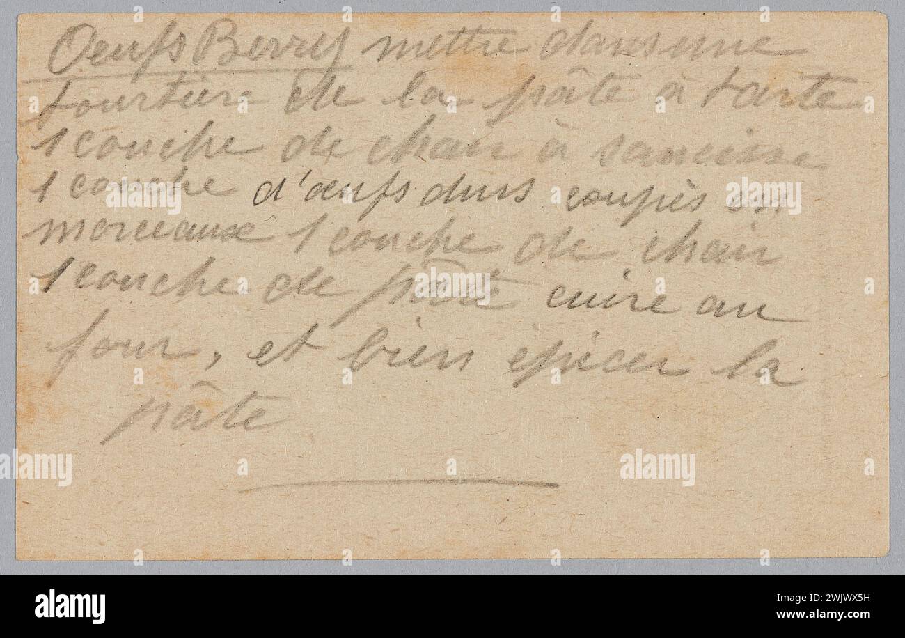 Hugo Schneider AG (n. - d.), étiquette de fonds contenant quatre panzerfaust 60, recette pour cuisiner au revers (nom usuel), 1944. papier imprimé, encre. Musée de la libération de Paris - Musée général Leclerc - Musée Jean Moulin. Banque D'Images