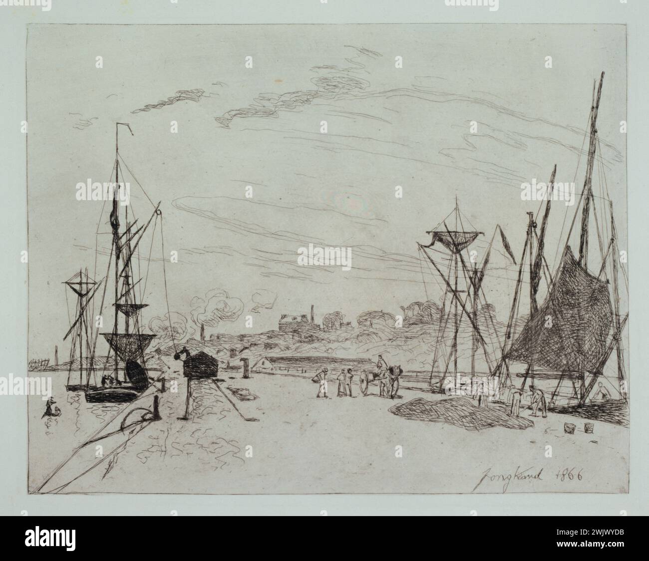 Johan Barthold Jongkind (1819-1891) 'Vue sur le port, au chemin de fer, à Honfleur'. Gravure sur Werned Holland papier déposé : 'Aqua-fortistes'. 1866. Musée des Beaux-Arts de la ville de Paris, petit Palais. 74388-9 bateau à voile, gravure, filet de pêche, bateau, pêche, perle, port, quai, ville portuaire, voilier, gravure Banque D'Images
