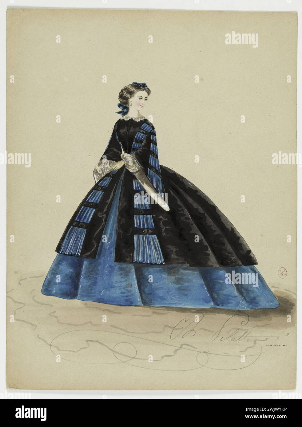 Charles Pilatte pour la maison Ghys. Modèle-figure pour couturière. Robe bleue avec basquine noire à décor bleu, modèle de Madame Ghys. Aquarelle sur carton. 1860. Galliera, musée de la mode de la ville de Paris. 37795-20 carton aquarelle, basquine noire, couturière, décor bleu, ghys maison, modèle féminin, mode féminin, modèle, robe bleue Banque D'Images