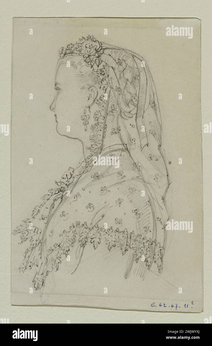 Anaïs Toudouze (1822-1899) 'Buste féminin dans la mantille'. Mantille avec des motifs floraux et végétaux. Mine de plomb, livre blanc. Vers 1867. Galliera, musée de la mode de la ville de Paris. 37824-5 buste des femmes, coiffure, dessin, fleur, mantilla, mine de plomb, profil, second empire, voile Banque D'Images