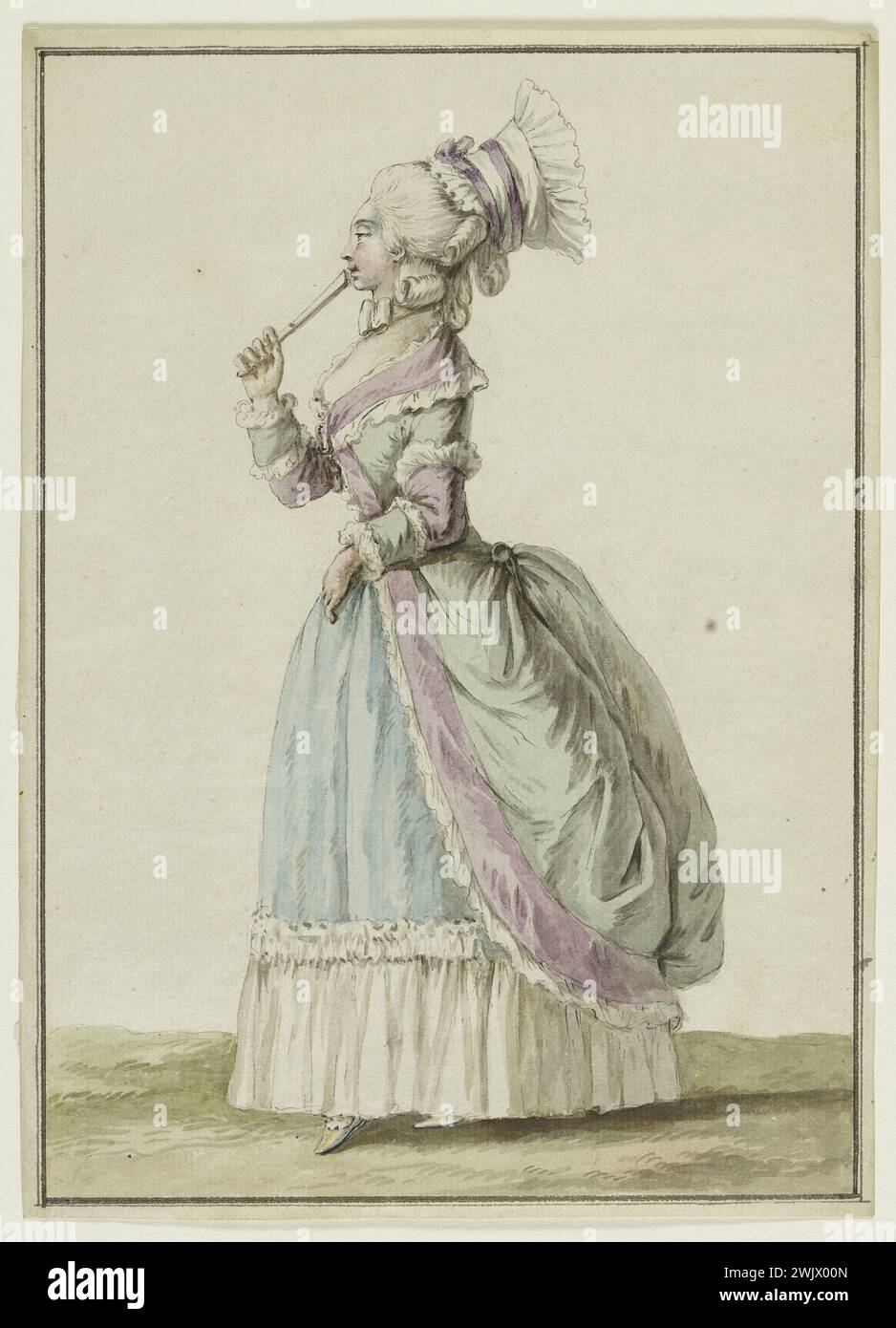 Pierre Thomas Leclerc (1740 avr. 1799). 'Circacian avec des bandes d'une autre couleur bordées de mousseline'. Dessin pour planche gravé par le beau, 'Galerie des modes et costumes français', 35e carnet (bis) de 'costumes français', 27e suite de 'robes à la mode' en 1781. Stylo à encre noire, lavage gris, Gouache améliorée, papier blanc. Galliera, musée de la mode de la ville de Paris. 37827-4 accessoire, Circacian avec bande, encre noire, soirée, galerie de modes et costumes français, vêtements à la mode, gris lavage, mousseline, profil, deuxième empire, plume Banque D'Images