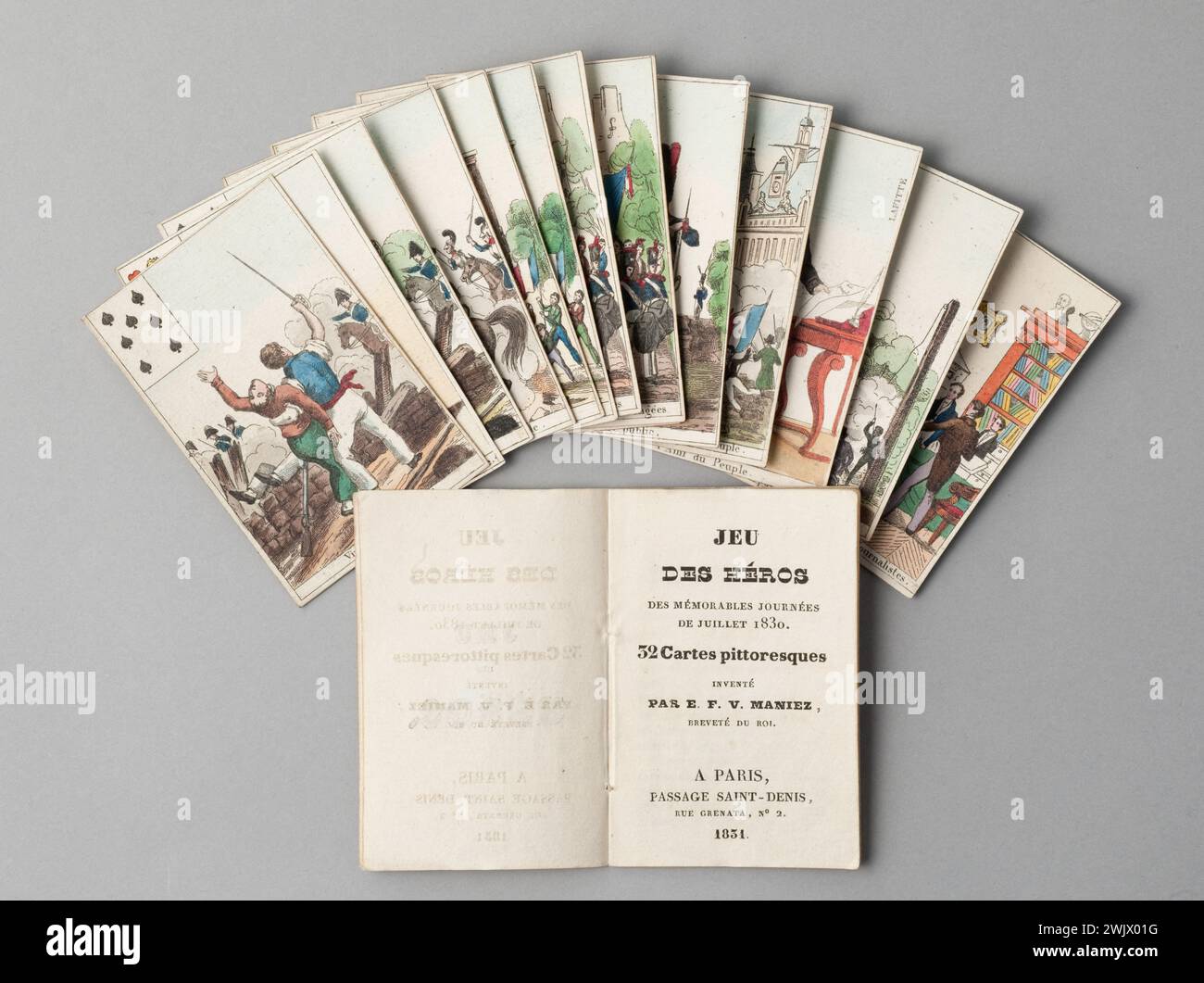 Jeu de cartes des héros des jours mémorables en juillet 1830. Aquarelle Eaucat, 32 cartes. 1831. Paris, musée Carnavalet. 54518-17 Aquarelle, gravure, héros, jeton, jeu de cartes, juillet 1830, mémorable Journee, Révolution, trois glorieux Banque D'Images