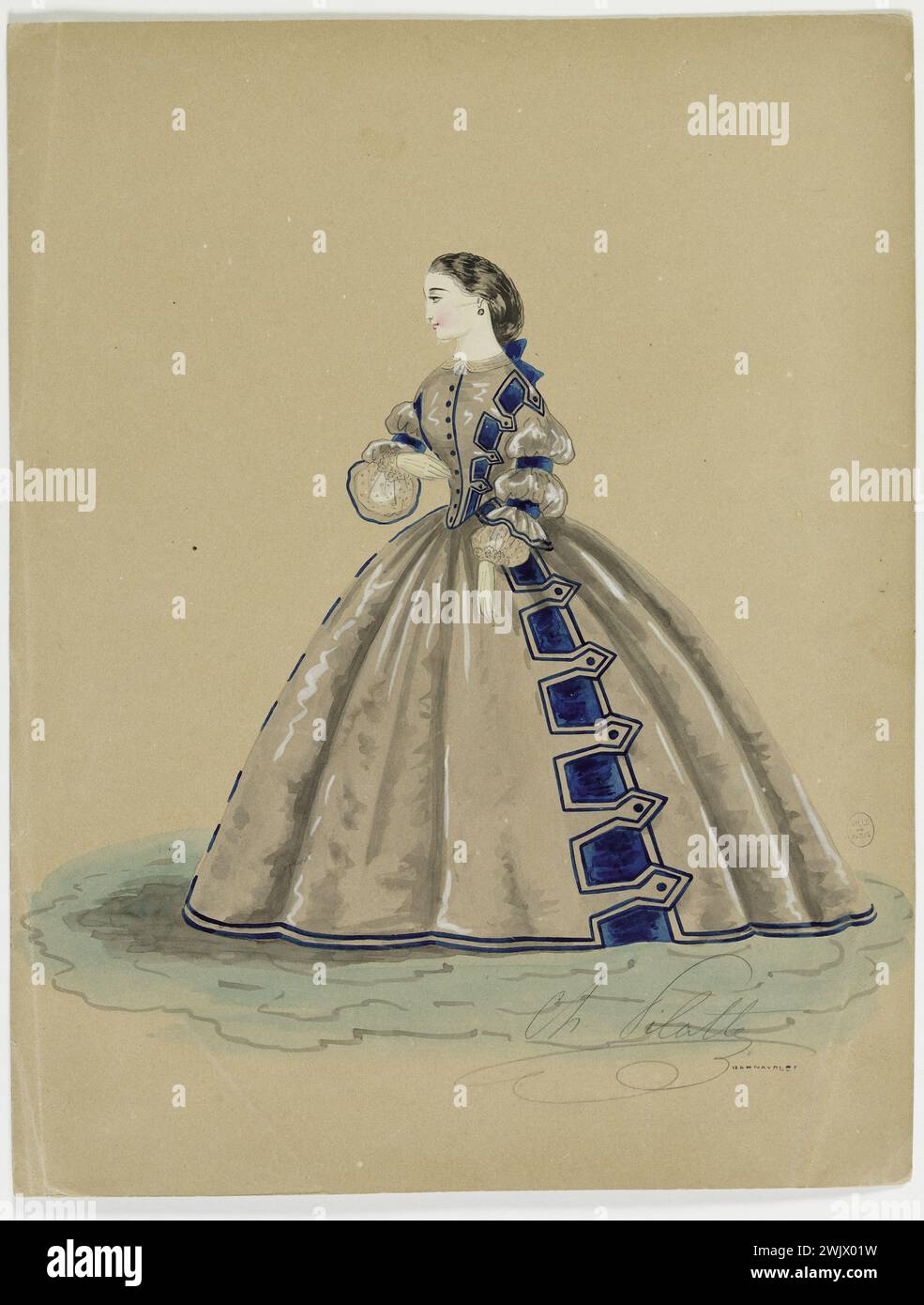 Charles Pilatte pour la maison Ghys. Modèle-figure pour couturière. Robe de ville blanche, avec une pointe boutonnée sur le devant, décor et tresse bleue, modèle MADAME Ghys. Aquarelle sur carton. 1860. Galliera, musée de la mode de la ville de Paris. 37797-7 aquarelle sur carton, album, Couturière, jeune femme, Ghys House, Modeling, second Empire, Robe Banque D'Images