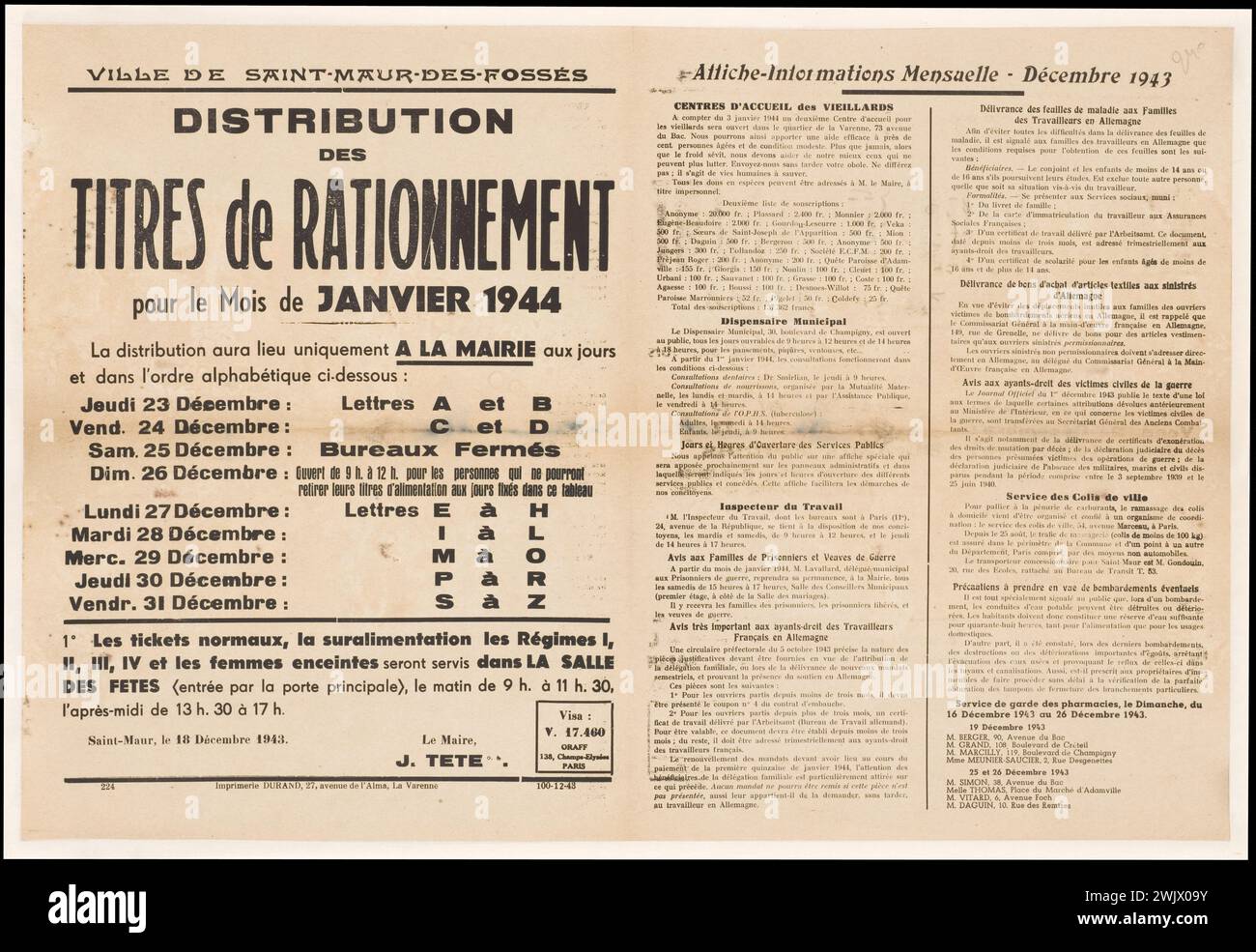 Guerre 1939-1945. «Distribution des titres de rationnement pour le mois de janvier 1944. La distribution aura lieu uniquement à la mairie ... affiche-informations-représentants. Décembre 1943 ...'. Affiche. Imprimerie Durand, 27, avenue de l'Alma, la Varenne. 1943. Musée général Leclerc d'Hauteclocque et de la libération de Paris, Musée Jean Moulin. Affiche, distribution, gouvernement de Vichy, occupation allemande, unité alimentaire, régime alimentaire, restriction, seconde Guerre mondiale, titre de justification, vie quotidienne Banque D'Images