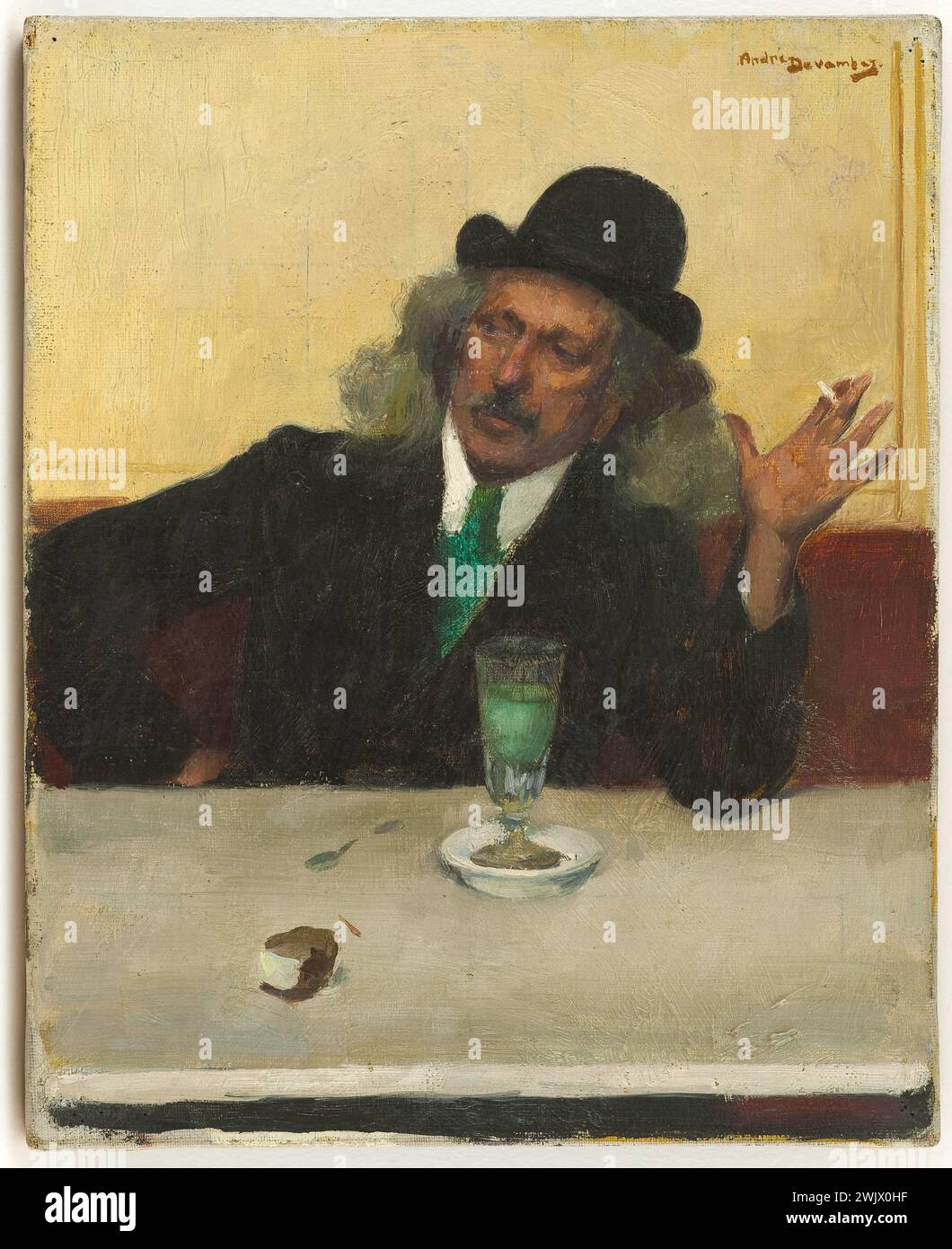 André Devambez (1867-1944) 'Au café'. Huile sur toile. Musée des Beaux-Arts de la ville de Paris, petit Palais. Au café Absinthe, alcool, alcool, attirable, boire un verre, boisson alcoolisée, chapeau melon, café, chapeau melon, cigarette, client, client, derby, détete, boisson, fumer, fumeur, homme, intérieur, intérieur, intérieur, lieu de divertissement , loisirs, location, huile sur toile, petite salle à sucre, petite cuillère, lieu d'entertaine, prendre, détente, alcoolique, seul, fumeur, cuillère, sucrier, fumée, tabac, tabac, transport, vue intérieure, huile sur toile, homme Banque D'Images