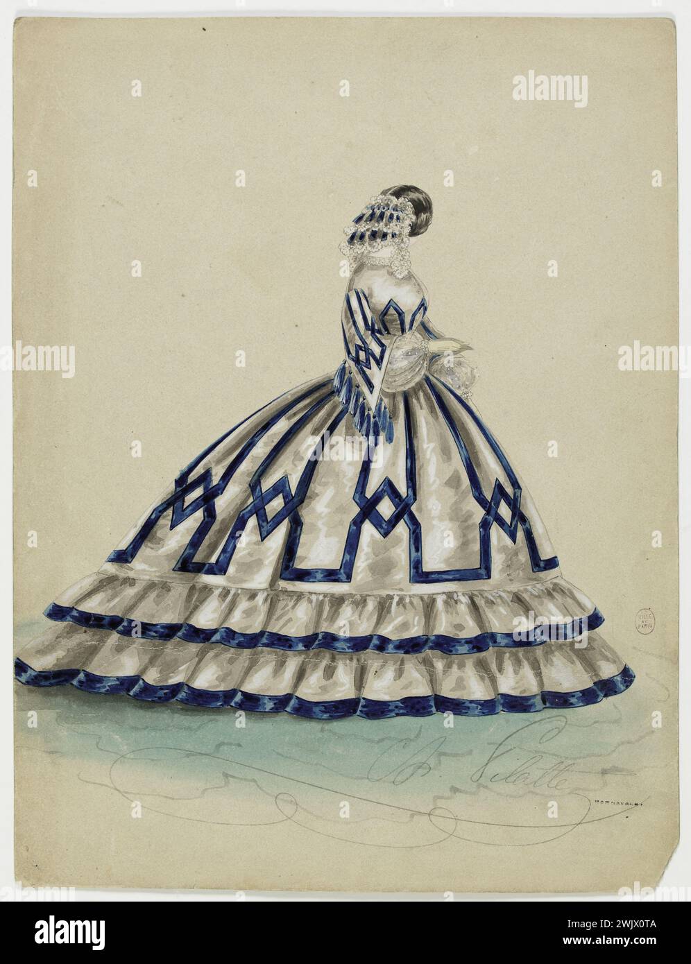 Charles Pilatte pour la maison Ghys. Modèle-figure pour couturière. Robe de ville blanche, avec un décor géométrique bleu sur le corsage, les manches et la jupe ; manches décorées de glands bleus ; deux mouches plissées soulignées d'une tresse bleue terminent la robe, modèle Ms. Ghys. Aquarelle sur carton. 1860. Galliera, musée de la mode de la ville de Paris. 37795-18 carton aquarelle, blanc, corsage, Couturière, décor géométrique, tresse bleue, gland bleu, jupe, Ghys House, poignée, modèle féminin, mode féminin, modèle, robe de ville, flush moelleux Banque D'Images
