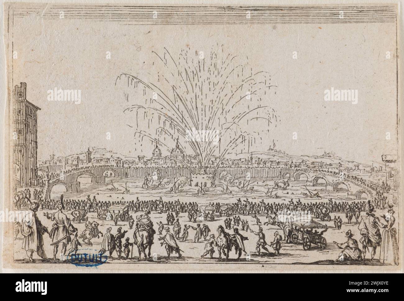 Jacques Callot (1592-1635) Les caprices, les feux d'artifice sur l'Arno. Quarante-cinquième numéro de la suite de 50 pièces gravées en Nancy' (Lieure 472, Meaume 857). Gravure. 1621. Musée des Beaux-Arts de la ville de Paris, petit Palais. 99607-31 gravure, gravure Banque D'Images