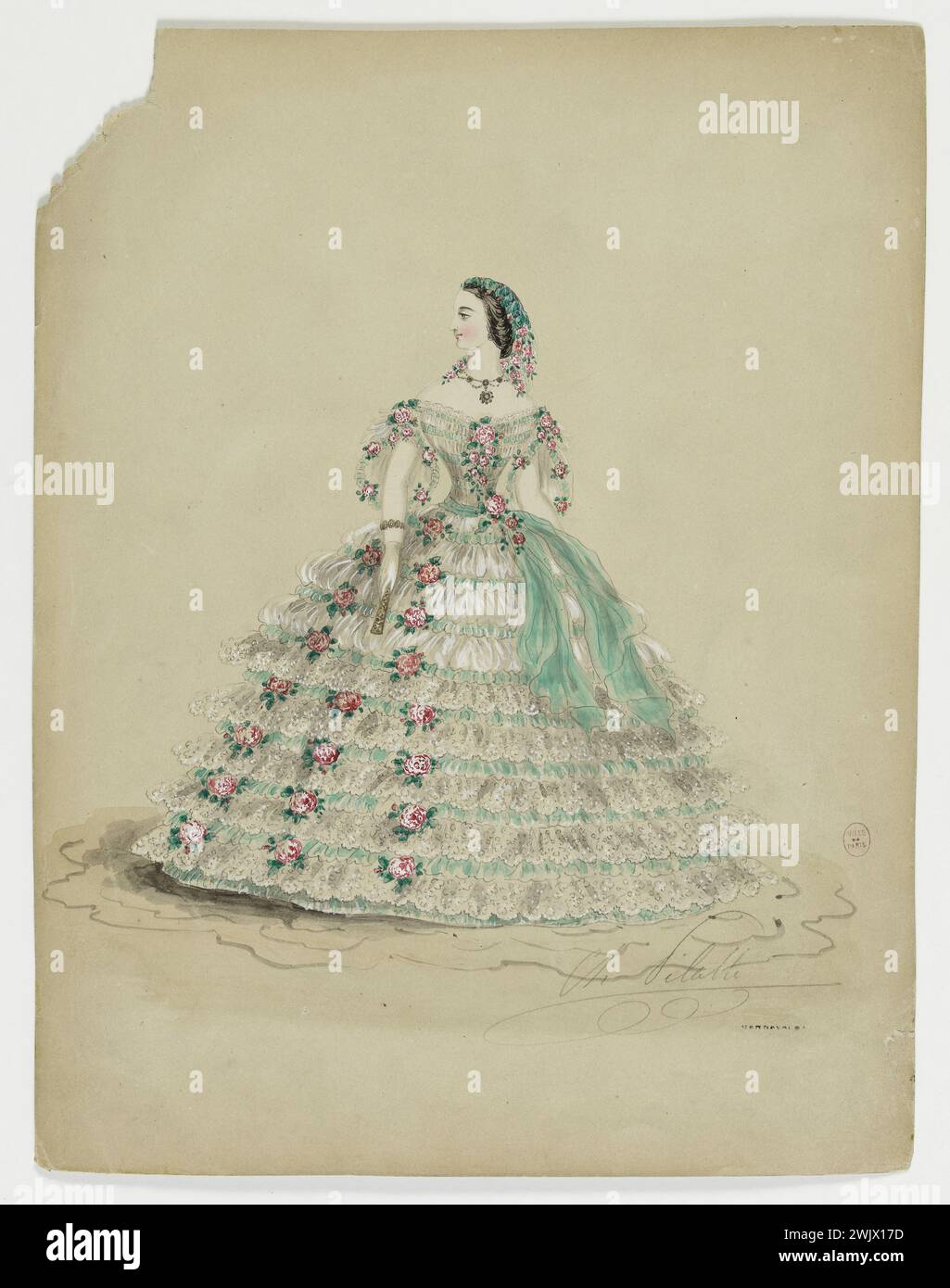 Charles Pilatte pour la maison Ghys. Modèle-figure pour couturière. Robe de soirée verte et blanche, volant plissé, décor de roses sur le corsage et les côtés de la jupe, ceinture verte tombant de deux côtés. Aquarelle sur carton. 1860. Galliera, musée de la mode de la ville de Paris. 37797-11 aquarelle sur carton, album, Couturière, jeune femme, Ghys House, Modeling, second Empire, Robe Banque D'Images