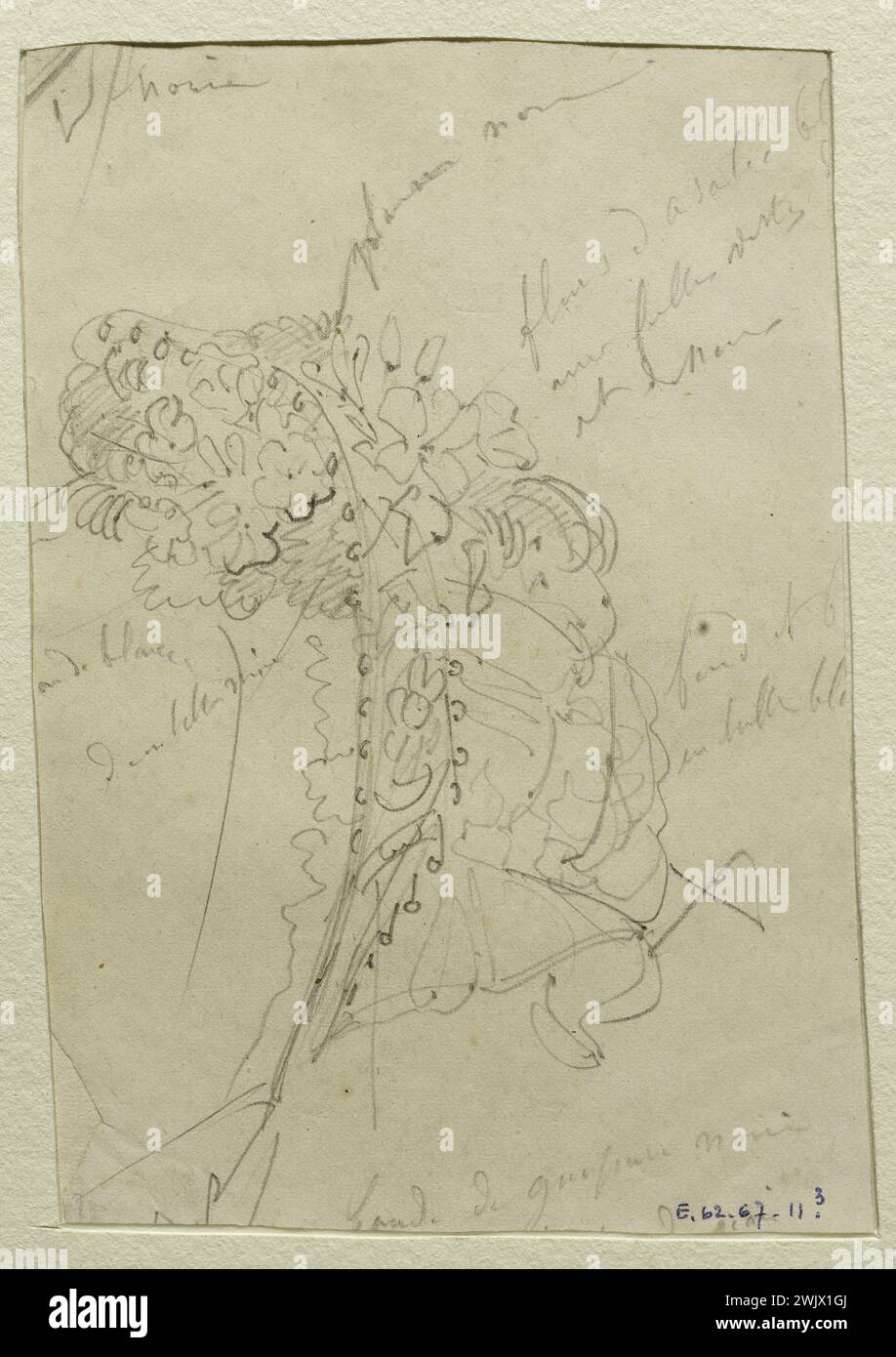 Anaïs Toudouze (1822-1899) 'Chapeau'. Chapeau en dentelle noire, plumes noires, fleurs d'Asalée. Mine de plomb, livre blanc. Vers 1863-1864. Galliera, musée de la mode de la ville de Paris. 37823-17 accessoire, annoter, dentelle, dessin, fleur, mine de plomb, second empire, chapeau, plume Banque D'Images