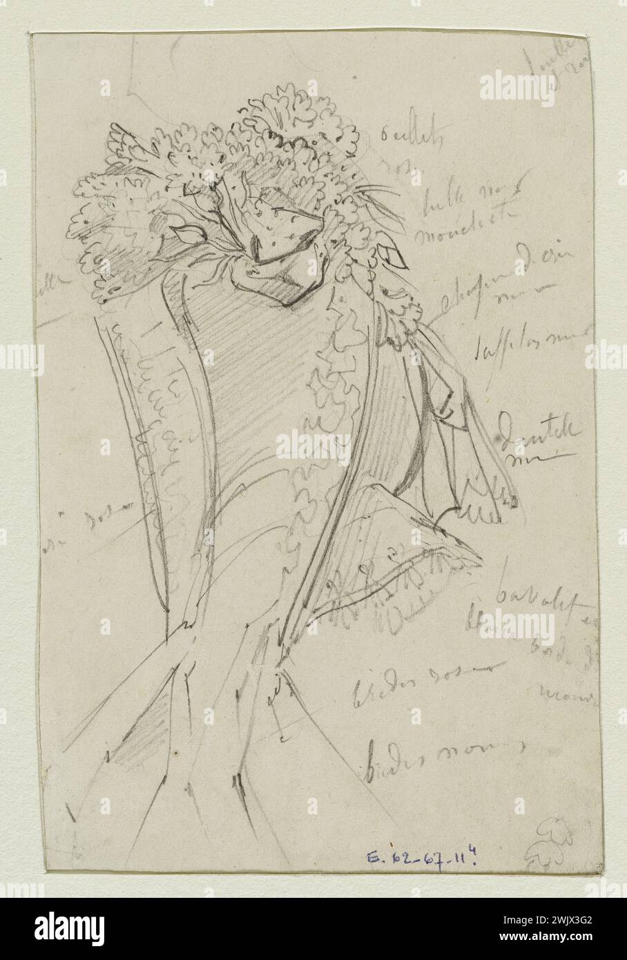 Anaïs Toudouze (1822-1899) 'Chapeau'. Chapeaux off en Bavolet décoré de roses, œuvres. Mine de plomb, livre blanc. 1863-1964. Galliera, musée de la mode de la ville de Paris. 37823-18 accessoire, bavolet, coiffure, dessin, fleur, mine de plomb, travail, rose, second empire, chapeau Banque D'Images
