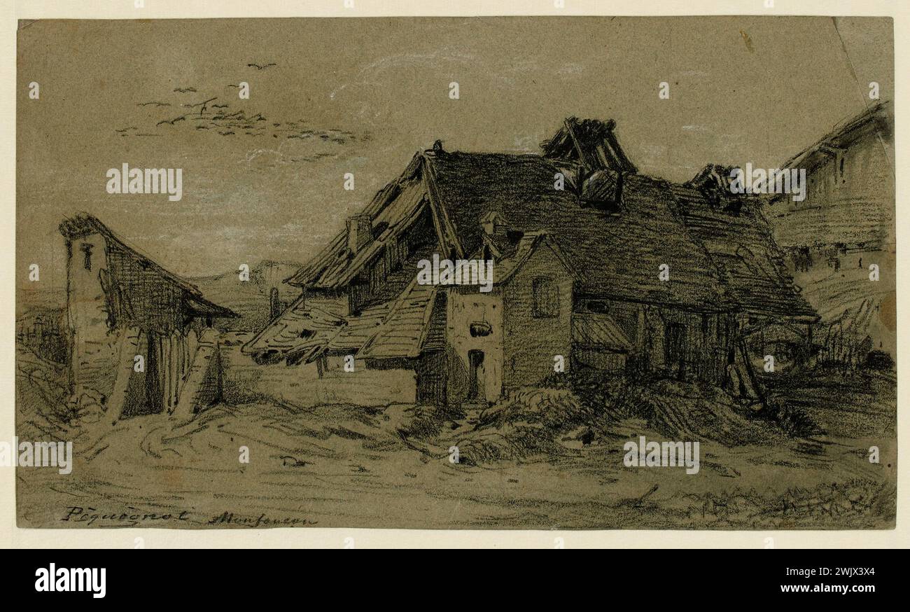 Péquégnot, Auguste (n.1819-10-05-D.1878-12-19), les Buttes-Chaumont. (Titre factice). Pierre noire et relèvements légers de blanc (craie ou gouache) sur papier gris. Musée Carnavalet, histoire de Paris. Banque D'Images
