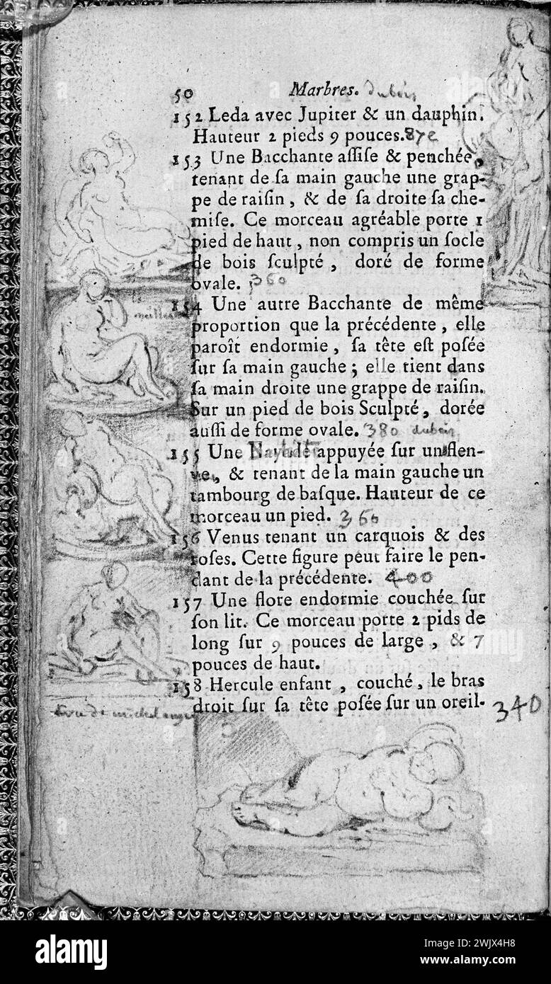 Gabriel de Saint-Aubin (1724-1780) Dessins page 50 du catalogue de la collection Barry - 1774. Musée des Beaux-Arts de la ville de Paris, petit Palais. 29248-3 catalogue de collection Barry, collectionneur, comtesse, dessin, préféré français, page 50 Banque D'Images