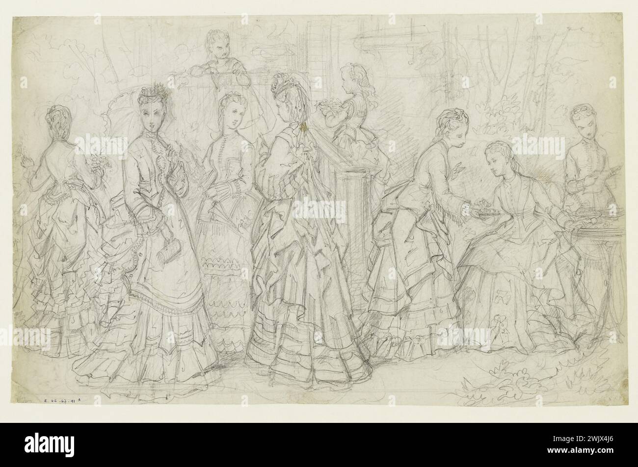 Anaïs Toudouze (1822-1899) 'Groupe de femmes et d'enfants dans un jardin'. Robes pouf, garnies de volants, veste à manches fendues ou poignets. Mine de plomb, livre blanc. Vers 1872. Galliera, musée de la mode de la ville de Paris. 37825-15 dessin, enfant, femme, groupe, jardin, manchette, mine de plomb, robe de pouf, deuxième empire, veste de poignée, volant de direction Banque D'Images