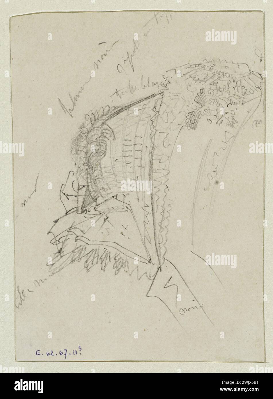 Anaïs Toudouze (1822-1899) 'Chapeau'. Chapeau garni de plumes noires, capuche taffetas, tulle blanc. Mine de plomb, livre blanc. Vers 1863-1864. Galliera, musée de la mode de la ville de Paris. 37823-19 accessoire, annoter, capuche, coiffure, dessin, mine de plomb, second empire, taffetas, tulle, chapeau, plume Banque D'Images