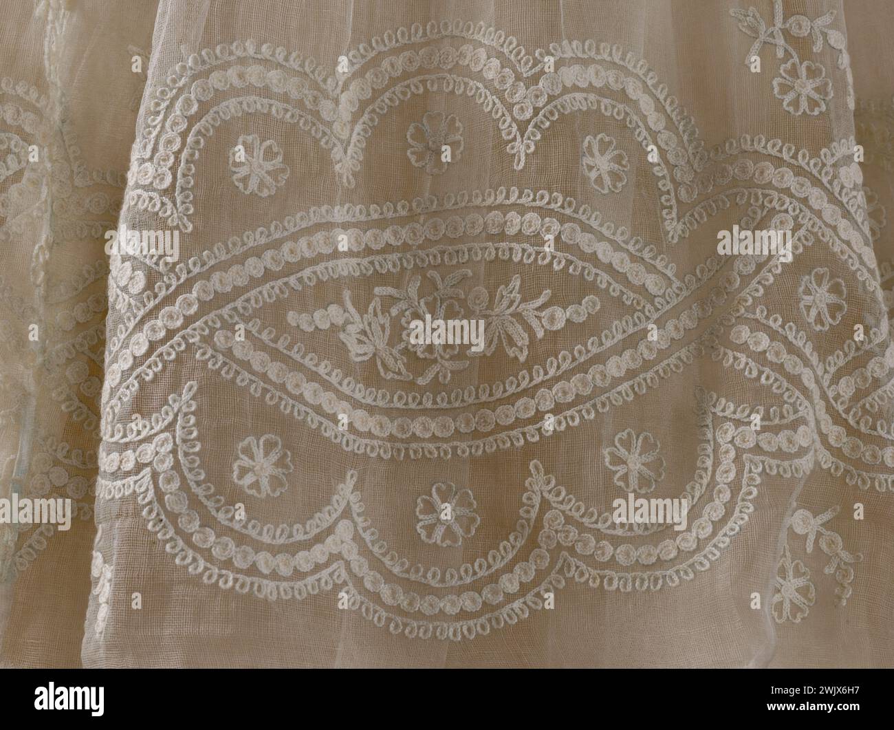 Robe de mariée (détail). Broderie blanche coton blanc état à Beauvais point. 1855. Galliera, musée de la mode de la ville de Paris. Robe mariée (détail) broderie, coton blanc, détail, étamine, féminin, motif floral, pointe Beauvais, Robe Marie, second Empire Banque D'Images