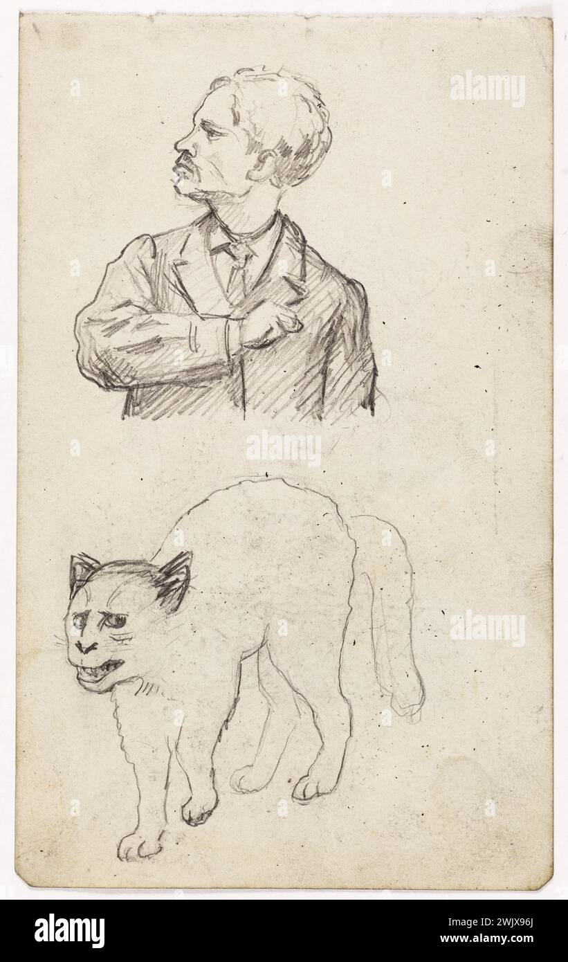 Arthur-Joseph Guéniot (1866-1951) Homme demi-corps, profil à gauche et chat (devant) ; motifs décoratifs du XVIe siècle (derrière). Crayon graphite. Musée des Beaux-Arts de la ville de Paris, petit Palais. Dessin, 19ème XIXe 19ème 19ème 19ème 19ème siècle, 20ème XX 20ème 20ème siècle Banque D'Images