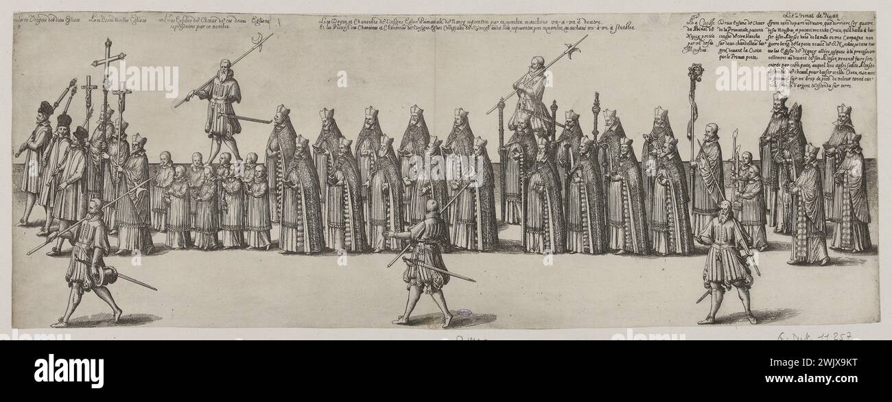 Friedrich Brentel, dit Brentel le père (1580-1651) et Matthaüs Merian (le vieux) (1593-1650). Entrée de la ville de Nancy d'Henri II, duc de Lorraine, le 20 avril 1610. Gravure. 1611. Musée des Beaux-Arts de la ville de Paris, petit Palais. 100466-9 gravure, 17ème XVIIème XVII 17ème 17ème SIÈCLE Banque D'Images