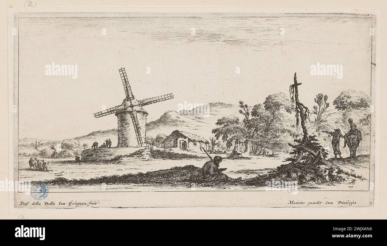 Della Bella, Stefano (dit Étienne de la belle) (n.1610-05-18-D.1664-08-22), première suite de quatre paysages, le moulin à vent sans voiles. Troisième édition d'une suite de 4 chambres (A. de Vesme 1095. Dutuit 89) (titre principal). Gravure. Petit Palais, Musée des Beaux-Arts de la ville de Paris. Banque D'Images